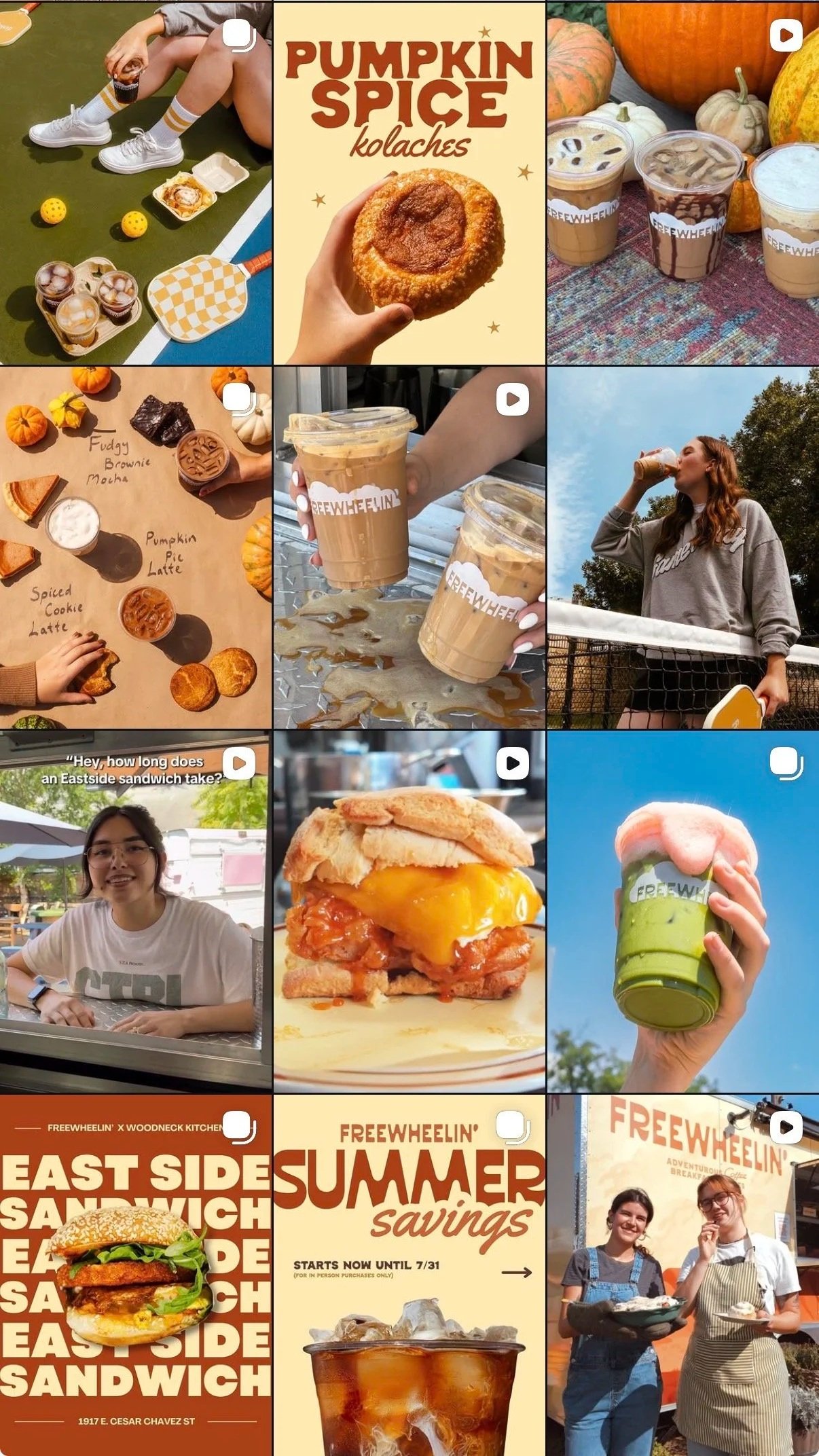 A collage of images showcasing food and drinks, including pumpkins, iced coffee, a hamburger, a hotdog, and people enjoying outdoor activities.