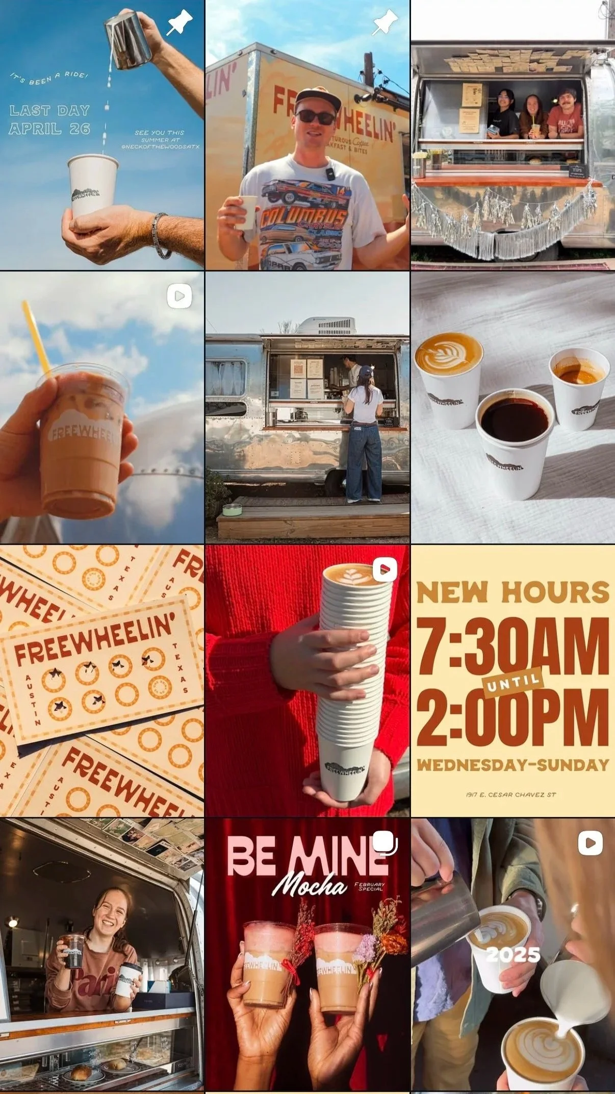 Collage of images showing coffee cups, a food truck, and people enjoying beverages at an event called 'Freewheelin'' in Austin, Texas, with event details and timings. People are serving and holding coffee drinks, and some are in front of a food truck.