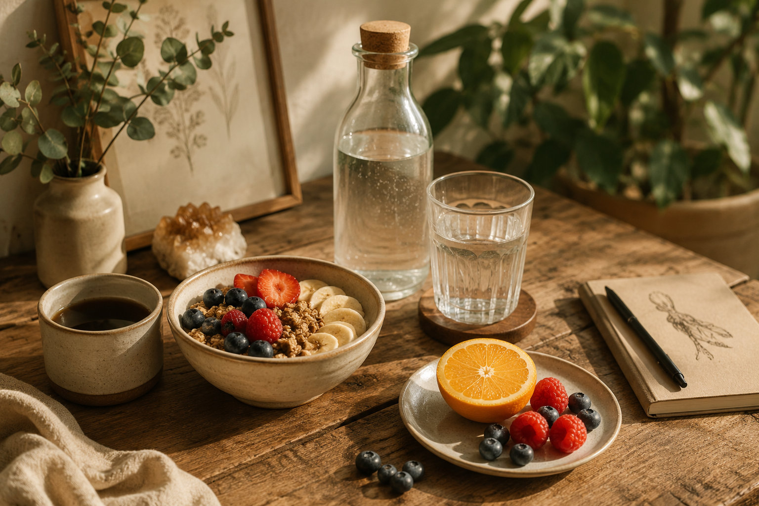 Frühstück mit Müsli, Obst, Kaffee und Wasser vor einem Tattoo-Termin.