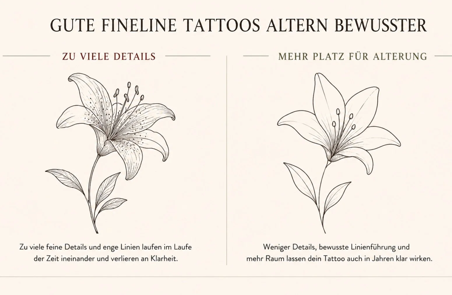 Vergleich eines detailreichen und eines vereinfachten Fineline Tattoo Designs zur Veranschaulichung langfristiger Alterung.
