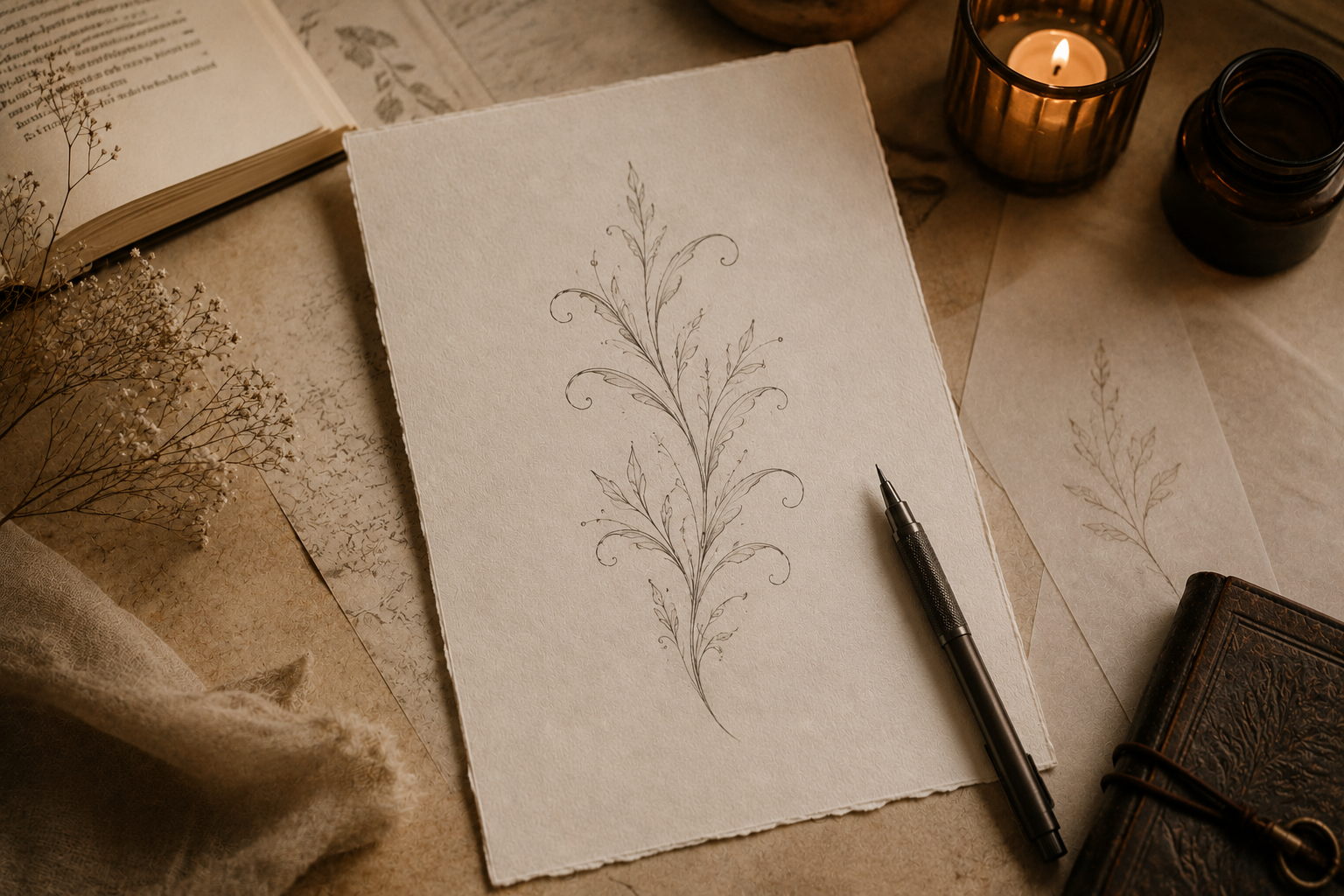 Fineline Tattoo Entwurf auf Papier mit feinen floralen Linien als Beispiel für sorgfältige Tattoo-Planung.