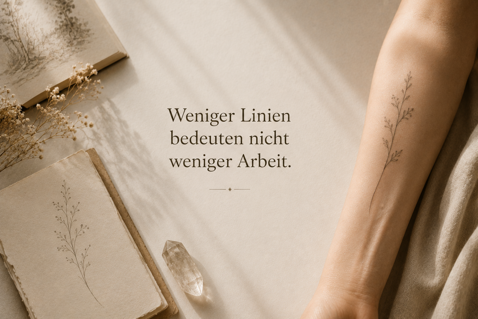 Fineline Tattoo mit feinen floralen Linien am Unterarm als Beispiel für präzise und minimalistische Tattoo-Arbeit.