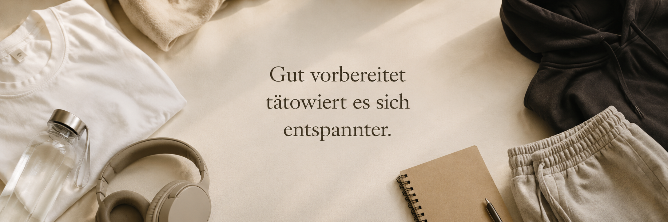 Bequeme Kleidung, Trinkflasche, Kopfhörer und Notizbuch mit dem Schriftzug „Gut vorbereitet tätowiert es sich entspannter“.