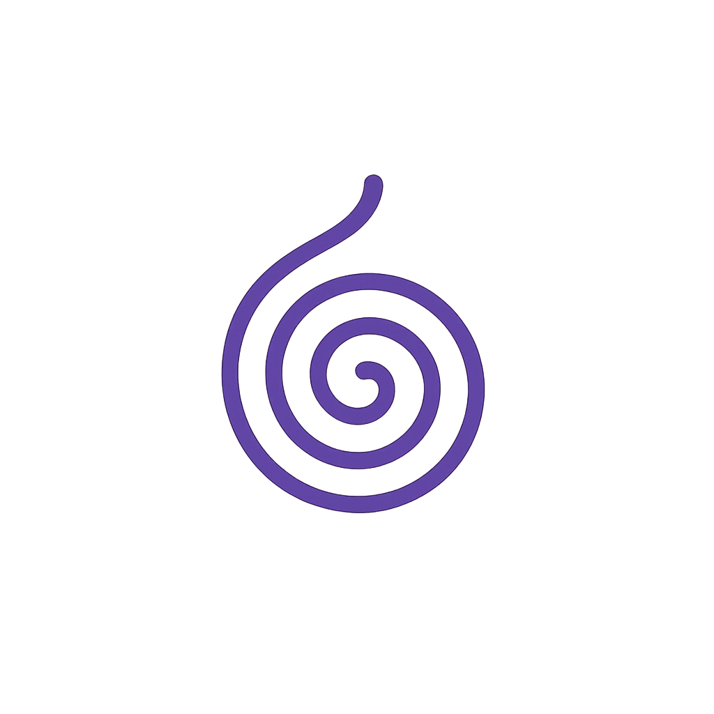 Logo stylisé en spirale violet, représentant un cheminement, symbole de la réflexion.