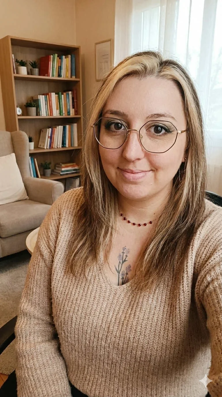 Une femme avec des lunettes sourit dans un salon, avec une bibliothèque en arrière-plan et une fenêtre à droite.