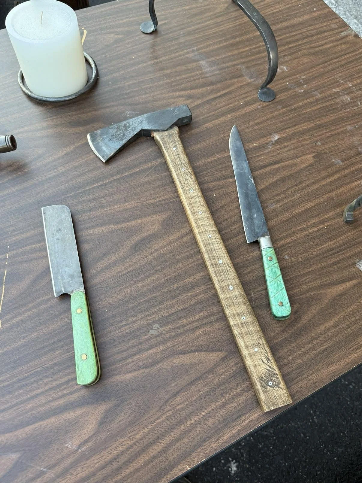 Custom Forged Trio – Butcher Knife, Belt Axe, and Long Hunter’s Knife