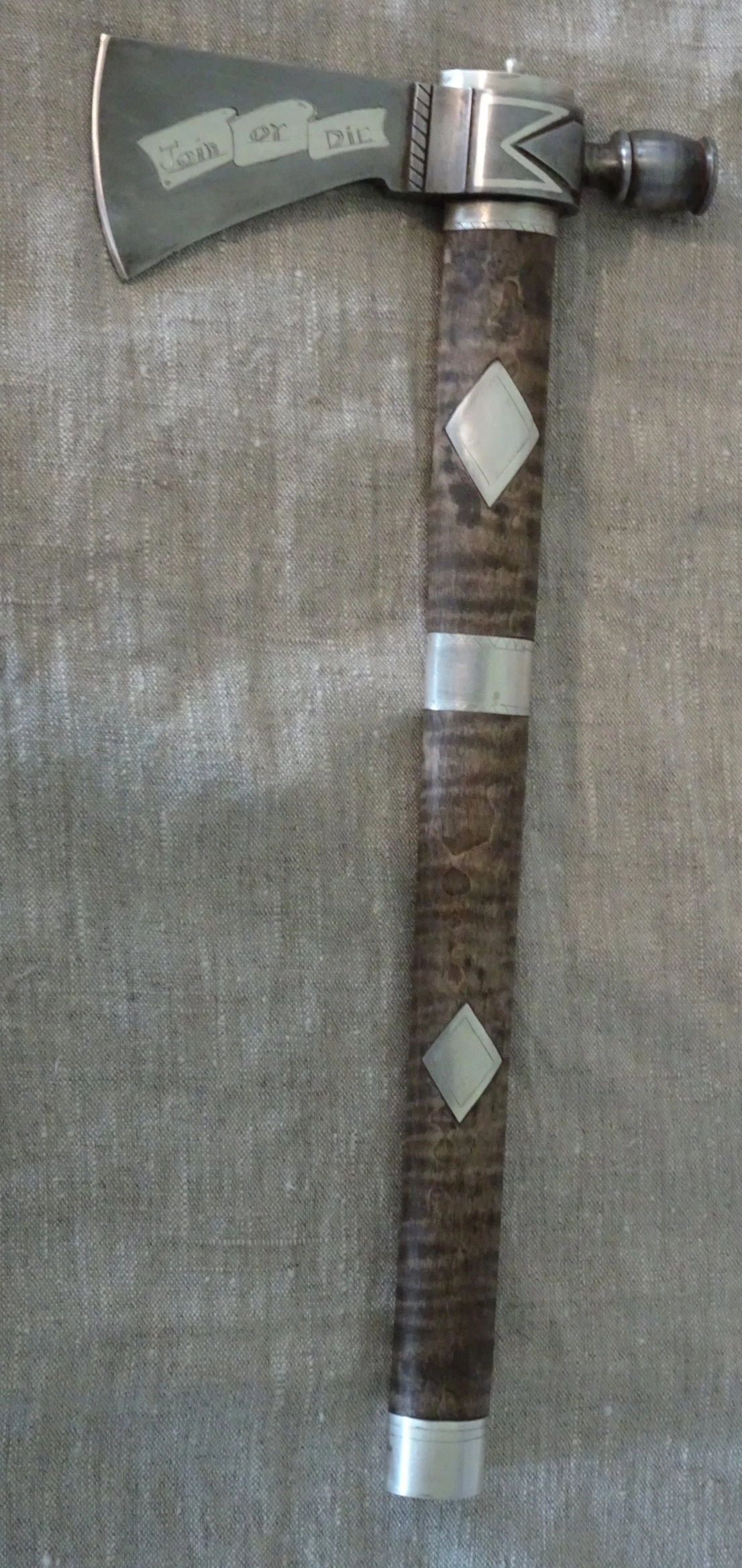 Pipe tomahawk with silver inlay on blade and handle