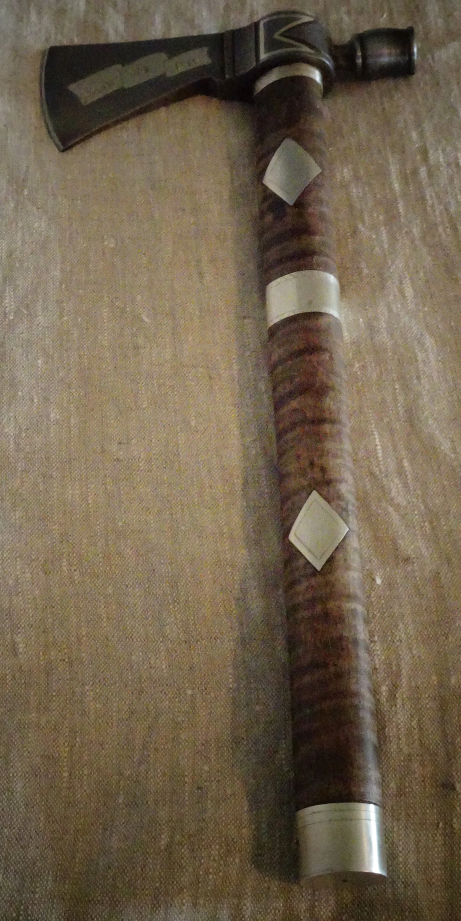 Pipe tomahawk with silver inlay on blade and handle