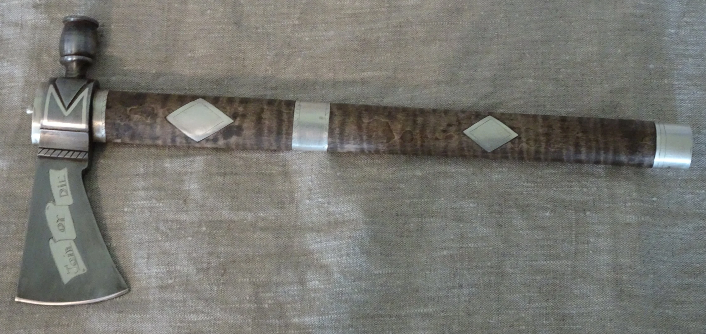 Pipe tomahawk with silver inlay on blade and handle