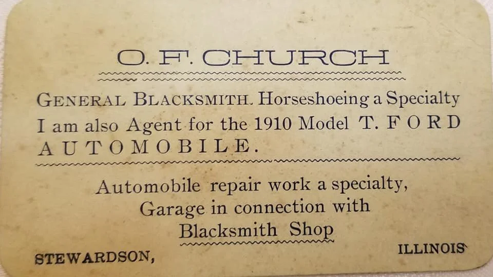 Vintage business card for O. F. Church, a blacksmith specializing in horseshoeing and also an agent for the 1910 Model T Ford automobile, offering repair work and garage services in Illinois.