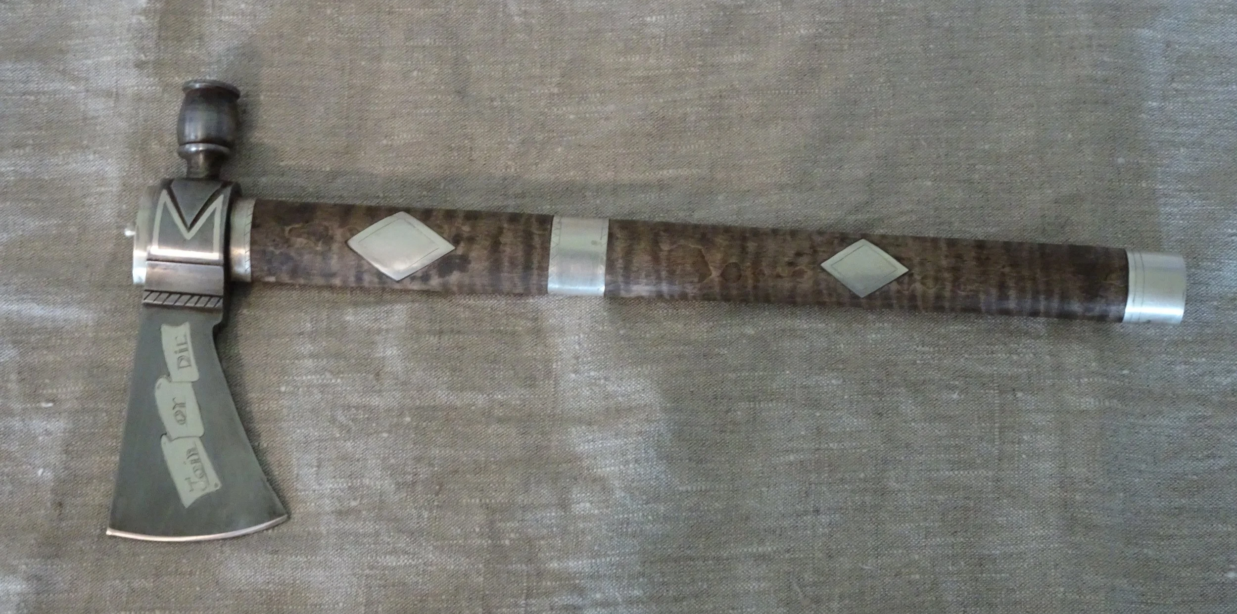 Pipe tomahawk with silver inlay on blade and handle