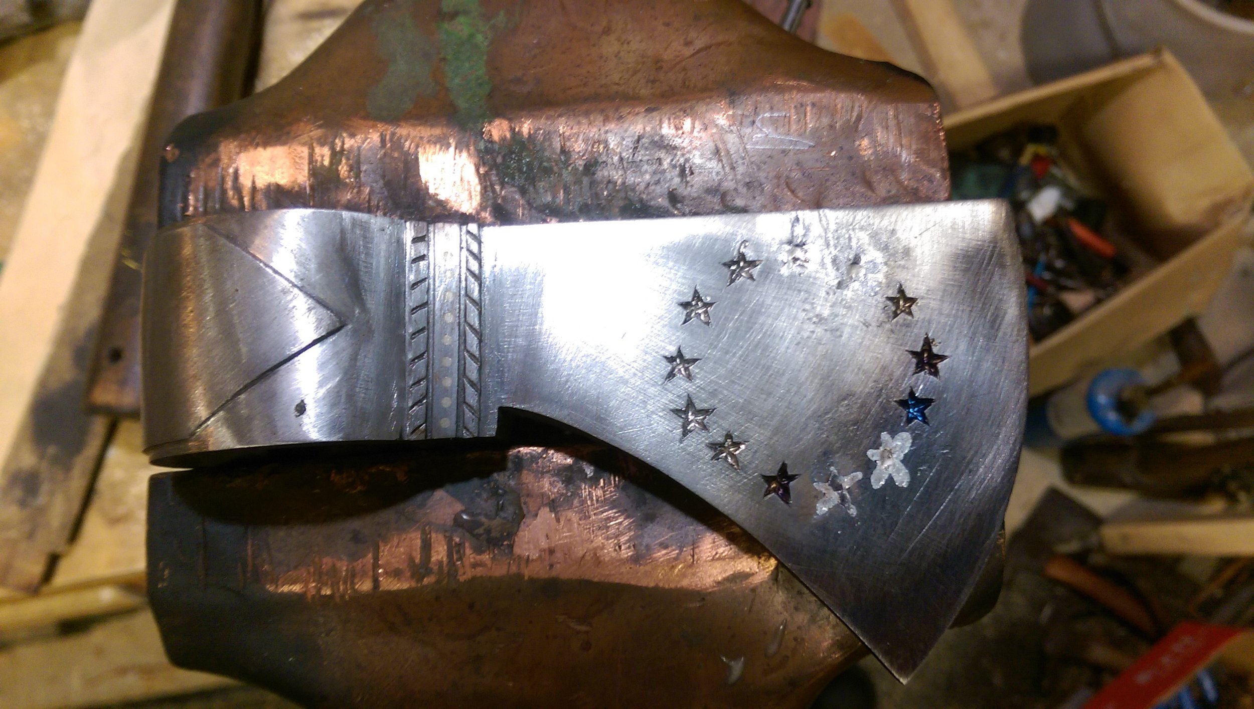 Pipe tomahawk head prepared and inlay started - stars