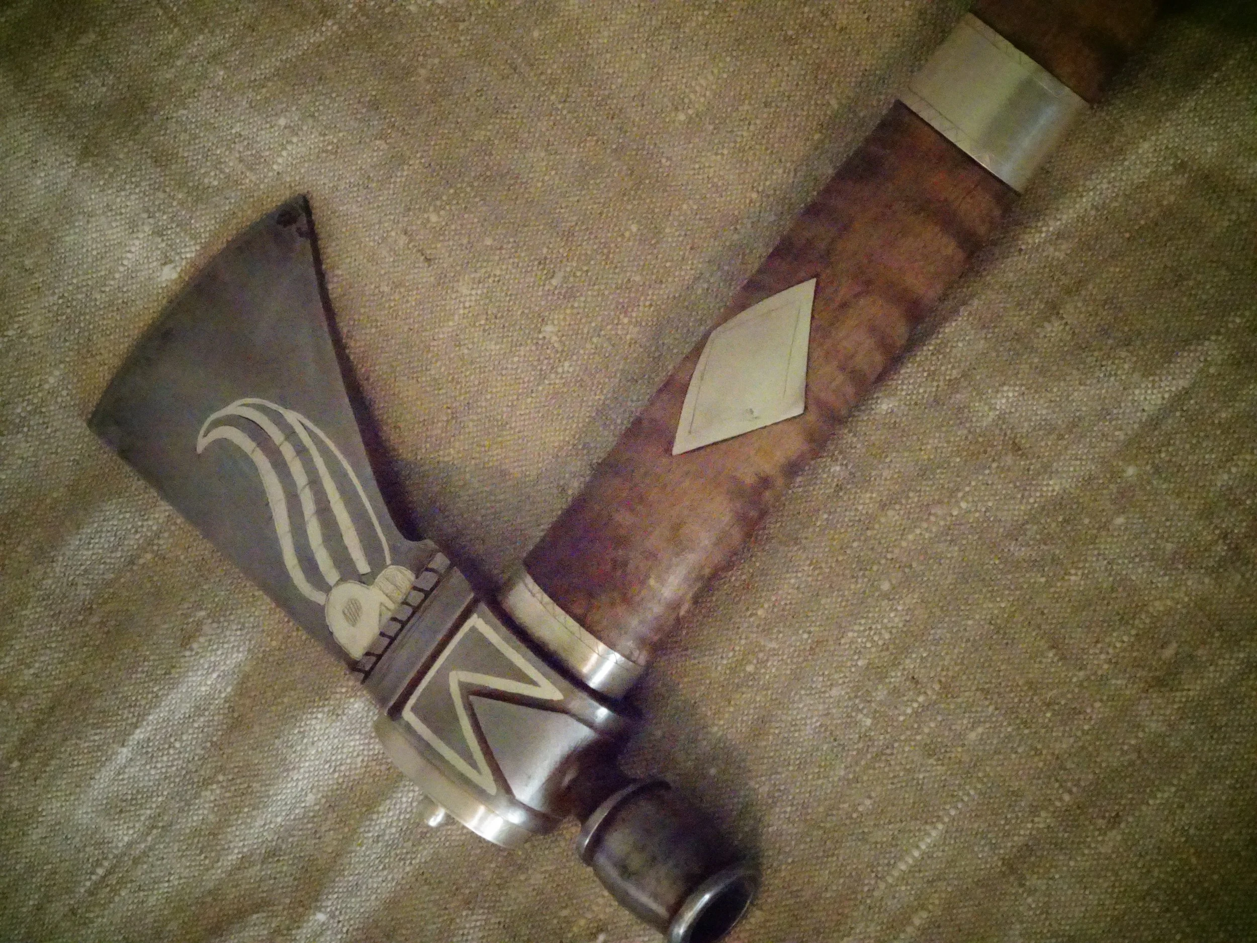 Pipe tomahawk with silver inlay on blade and handle