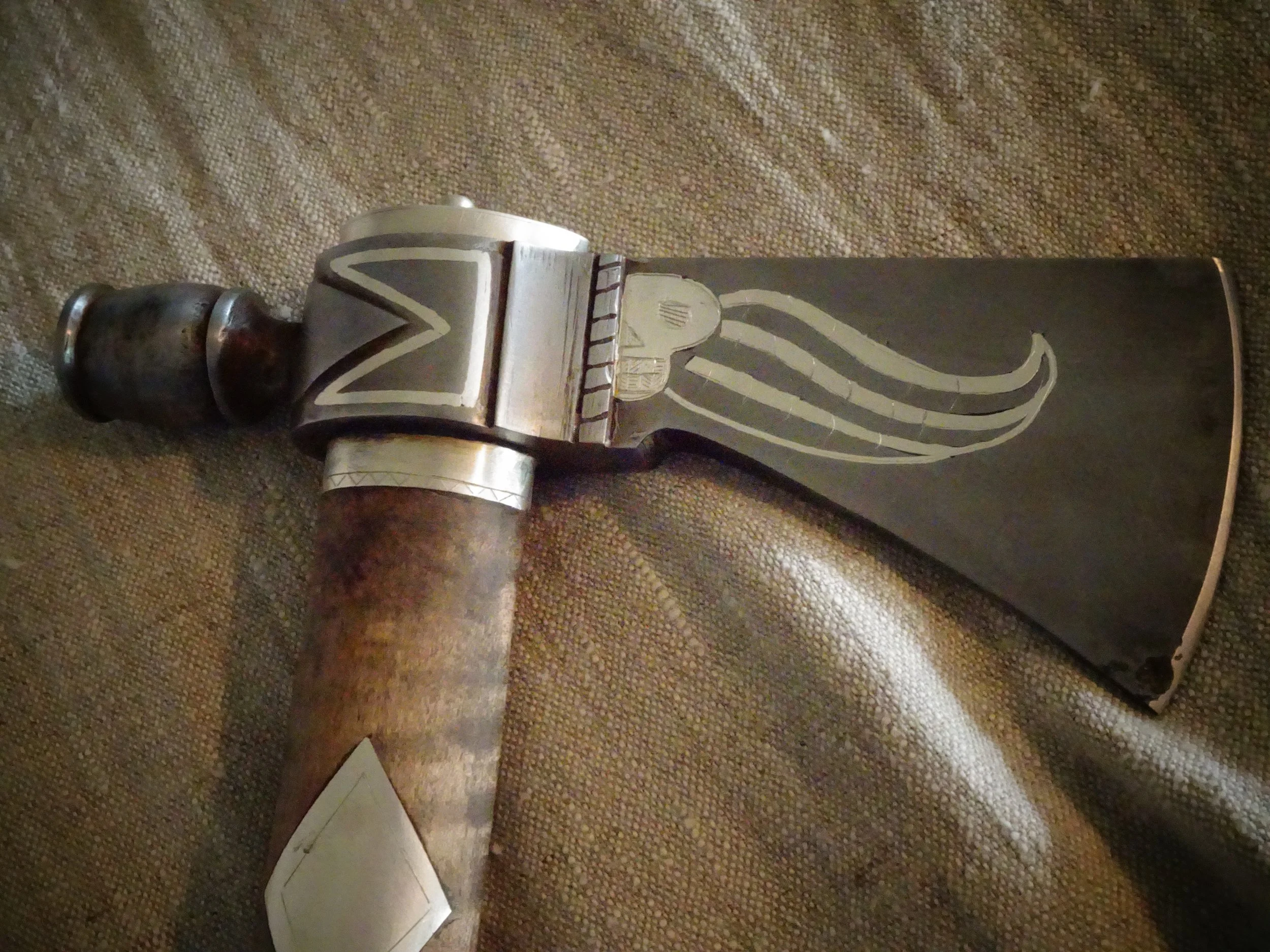Pipe tomahawk with silver inlay on blade and handle