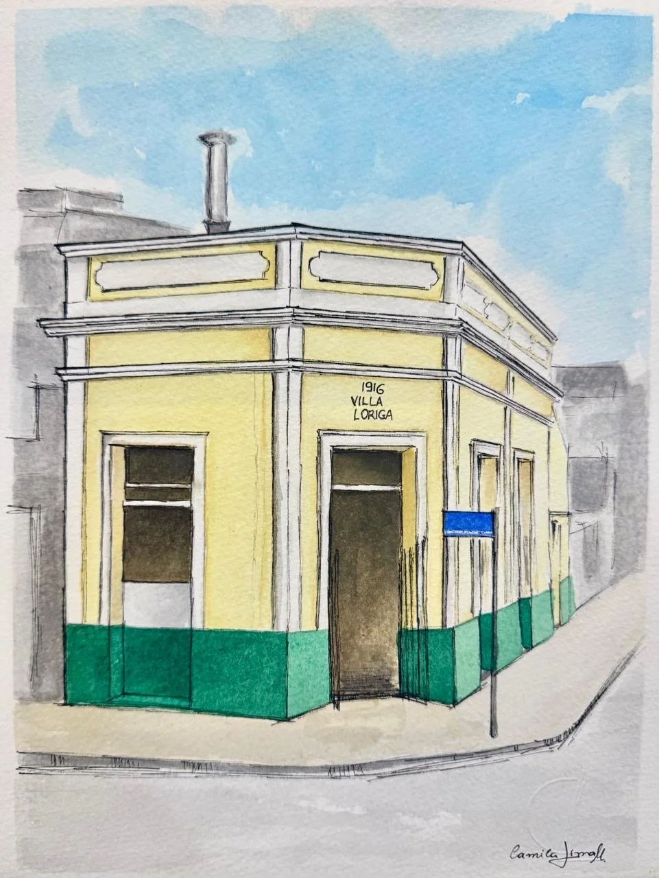 Ilustração de um prédio antigo com fachada amarela, detalhes em branco, janelas e porta na frente, sob céu azul.