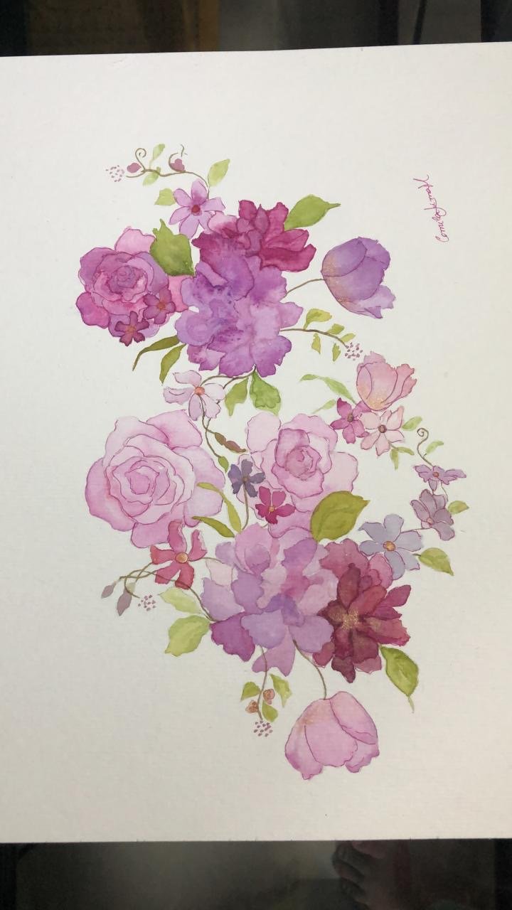 Aquarela de flores em tons de rosa, roxo e verde, com várias espécies de flores e folhas.