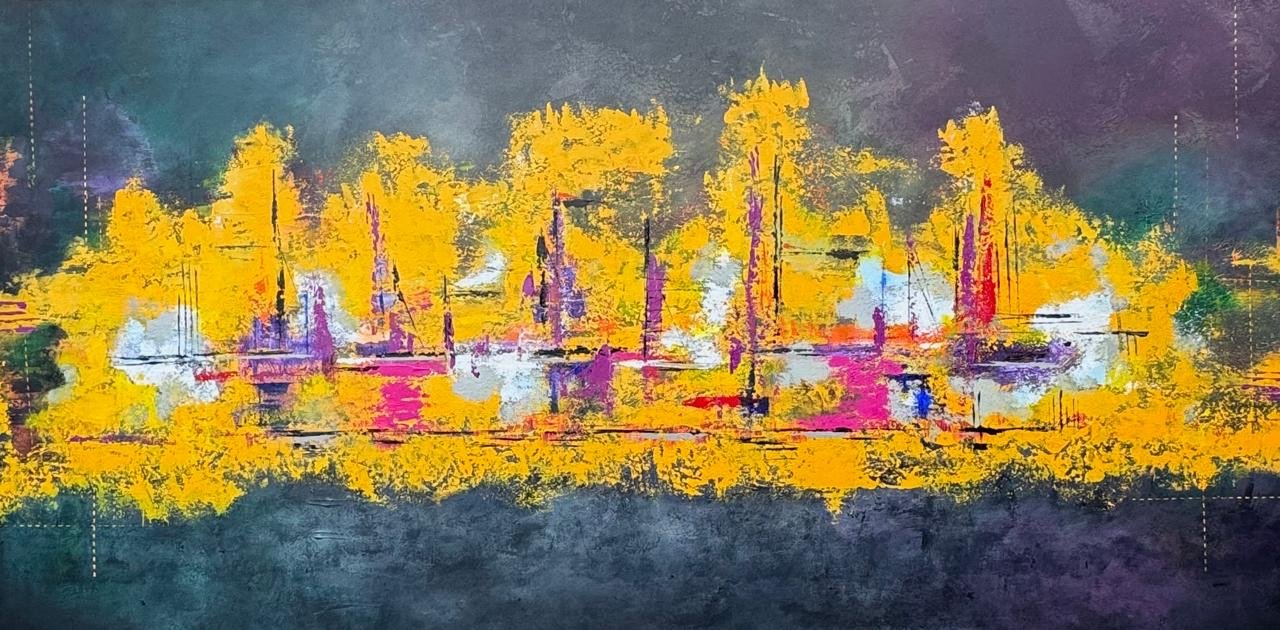 Pintura abstrata com árvores amarelas refletidas em água, com céu escuro ao fundo.