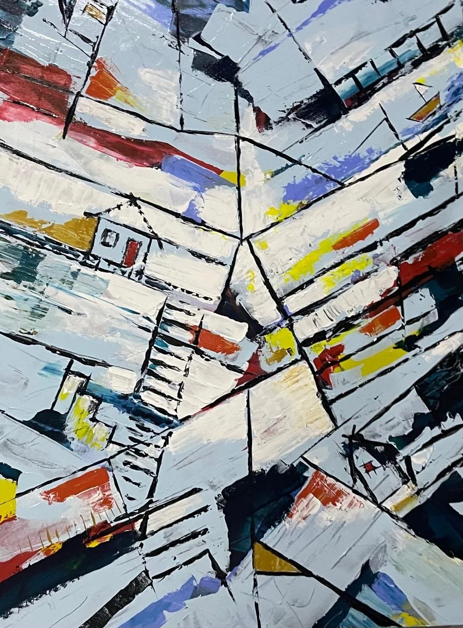 Pintura abstrata com formas geométricas, linhas pretas marcadas, cores variadas como branco, vermelho, amarelo, azul, preto, e detalhes em tons neutros.