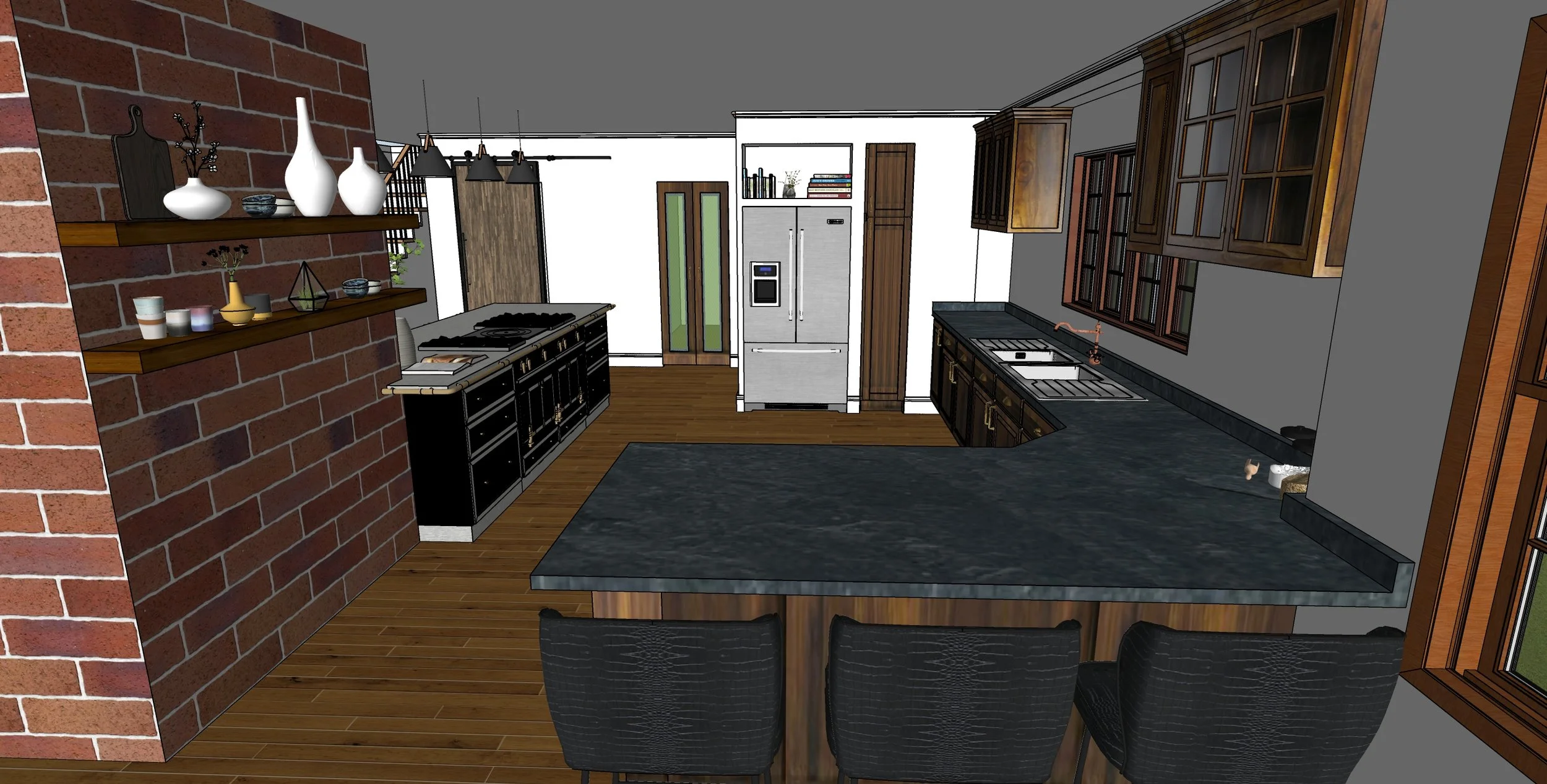 Kitchen with brick wall, dark cabinets, black countertop, stainless steel refrigerator, wooden floors, and dining chairs.