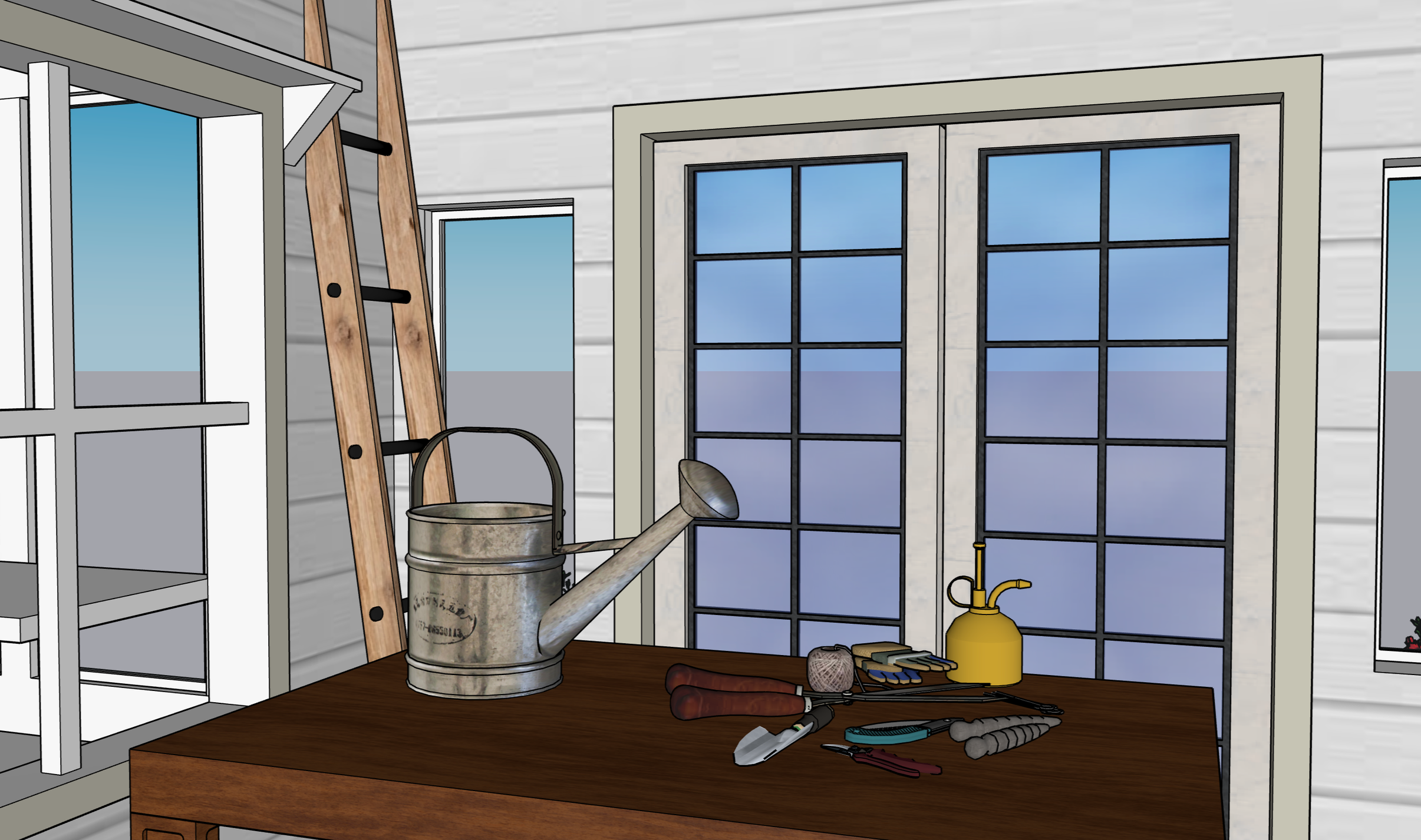 A gardening shed interior with a wooden table holding gardening tools, a watering can, a small yellow sprayer, and gloves, with large glass-paneled doors and windows in the background.