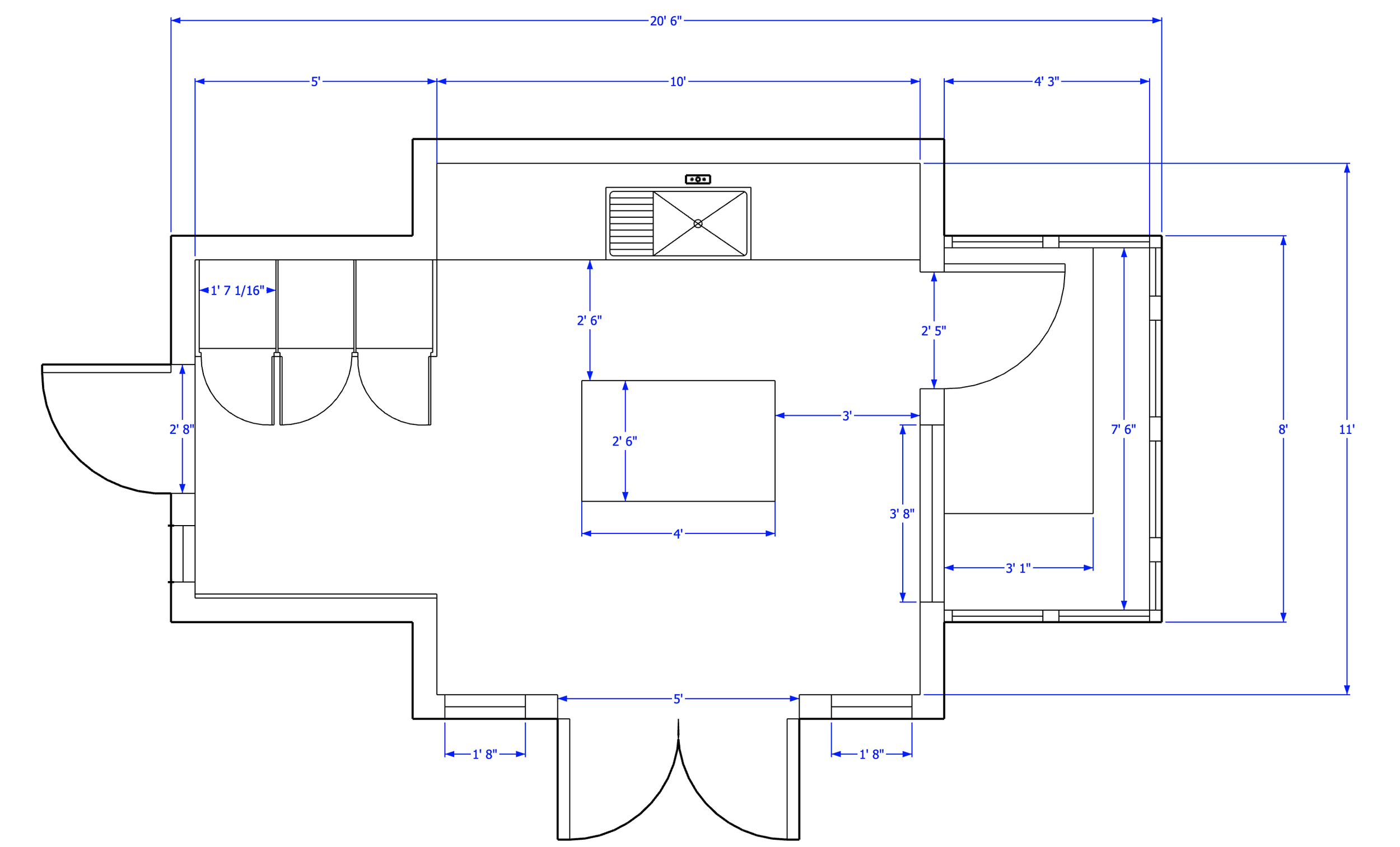 Floor plan sketch of a room with measurements in blue, featuring walls, doors, and a central kitchen island, with dimensions in feet and inches.