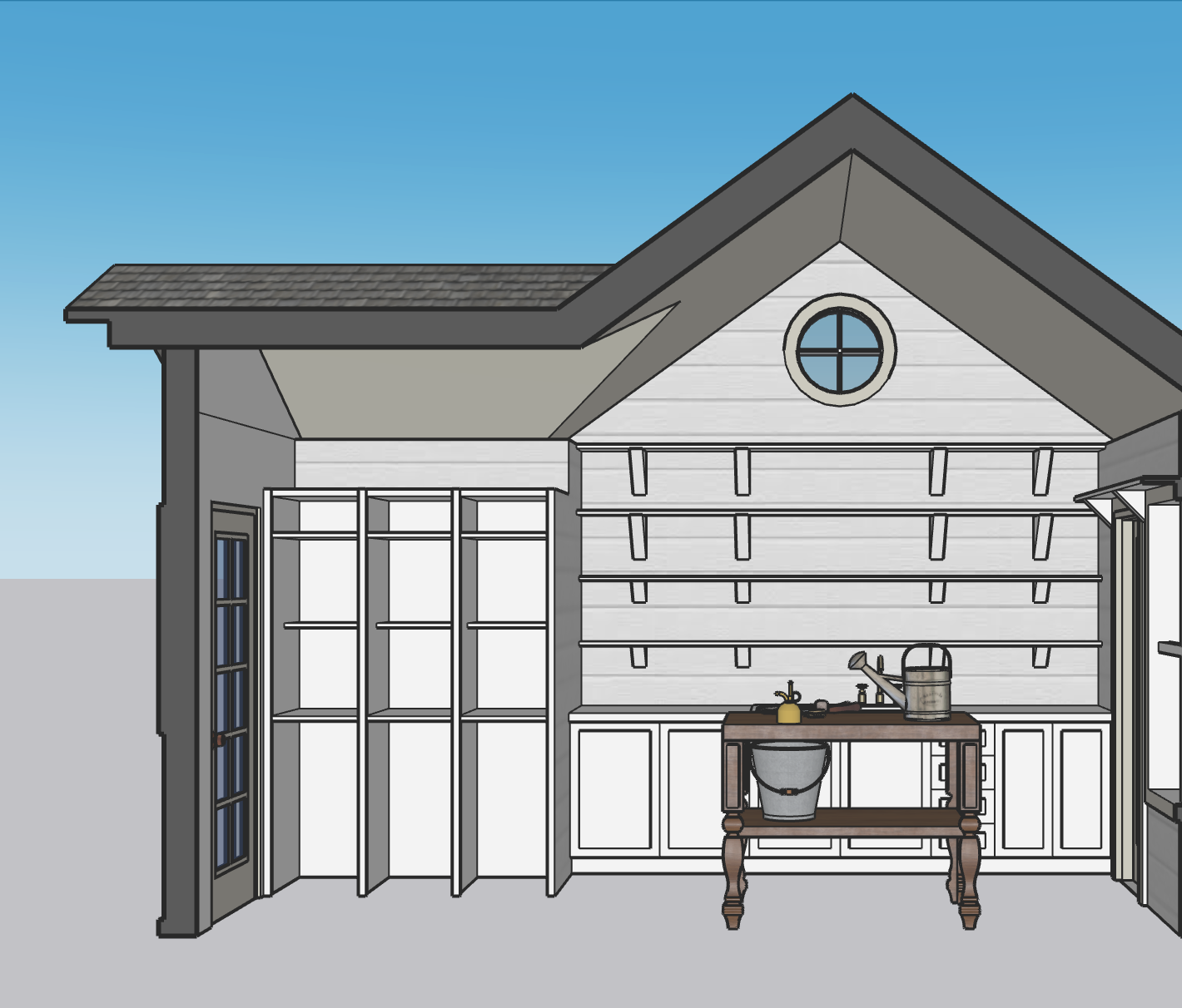 A partially finished outdoor shed with open shelving, a countertop with a watering can, and a small window with a round top on a clear blue sky background.
