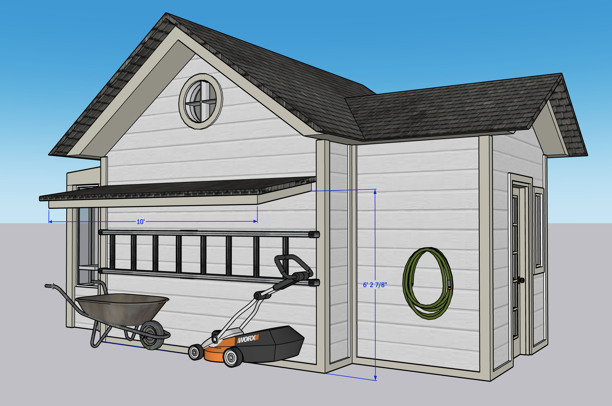 A 3D rendering of a small shed with measurements, showing shelves, a wheelbarrow, a lawnmower, a hose, and a side door.