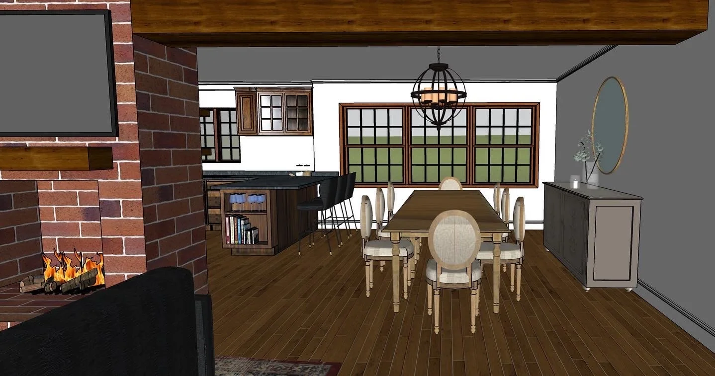 A living room and dining area with a brick fireplace, a large window, a dining table with chairs, and a kitchen in the background.