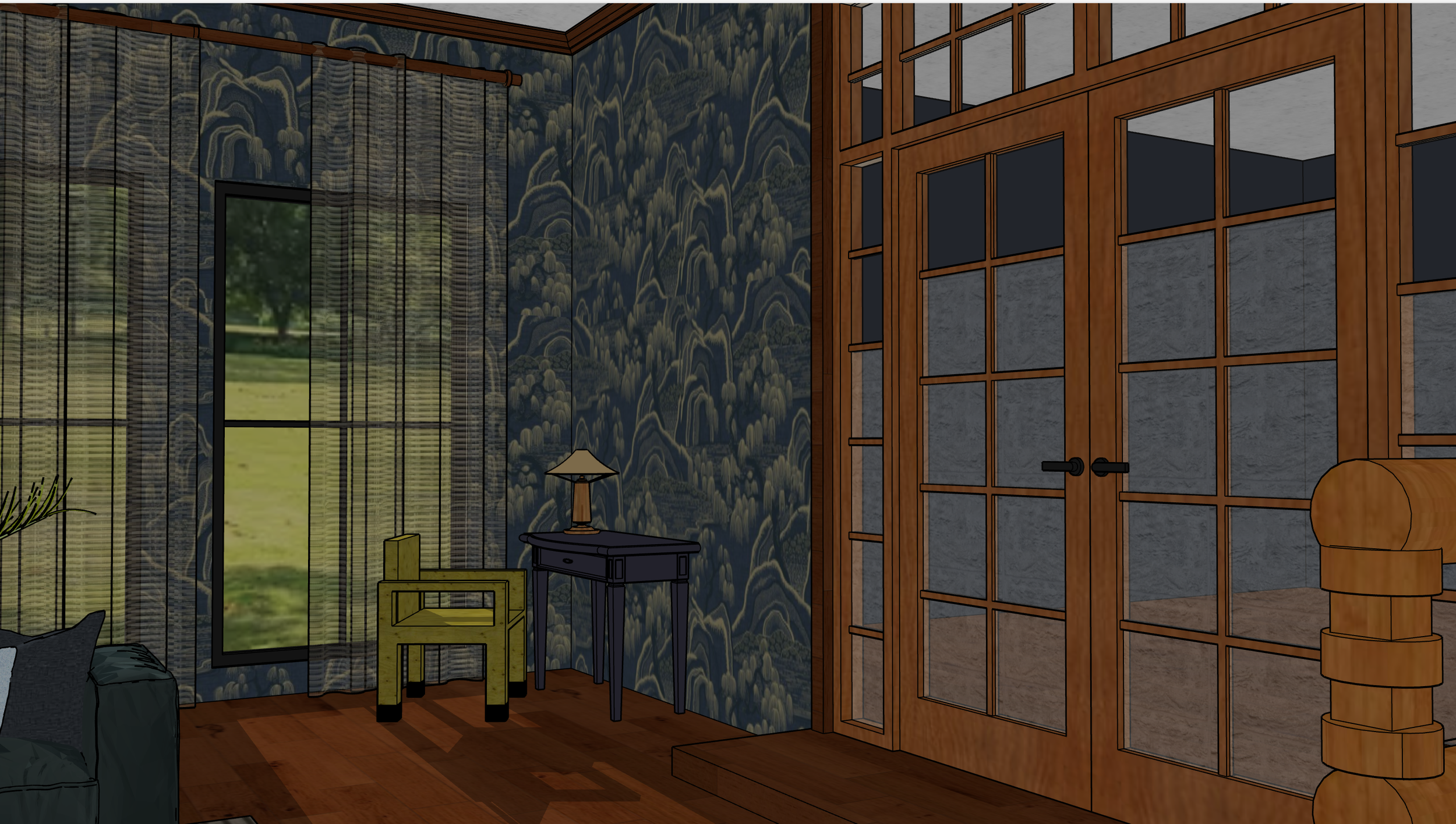 Interior view of a room with blue cloud-patterned wallpaper, a door with multiple glass panes, a window with blinds showing a green outdoor scene, a yellow chair, a side table with a lamp, and hardwood floors.