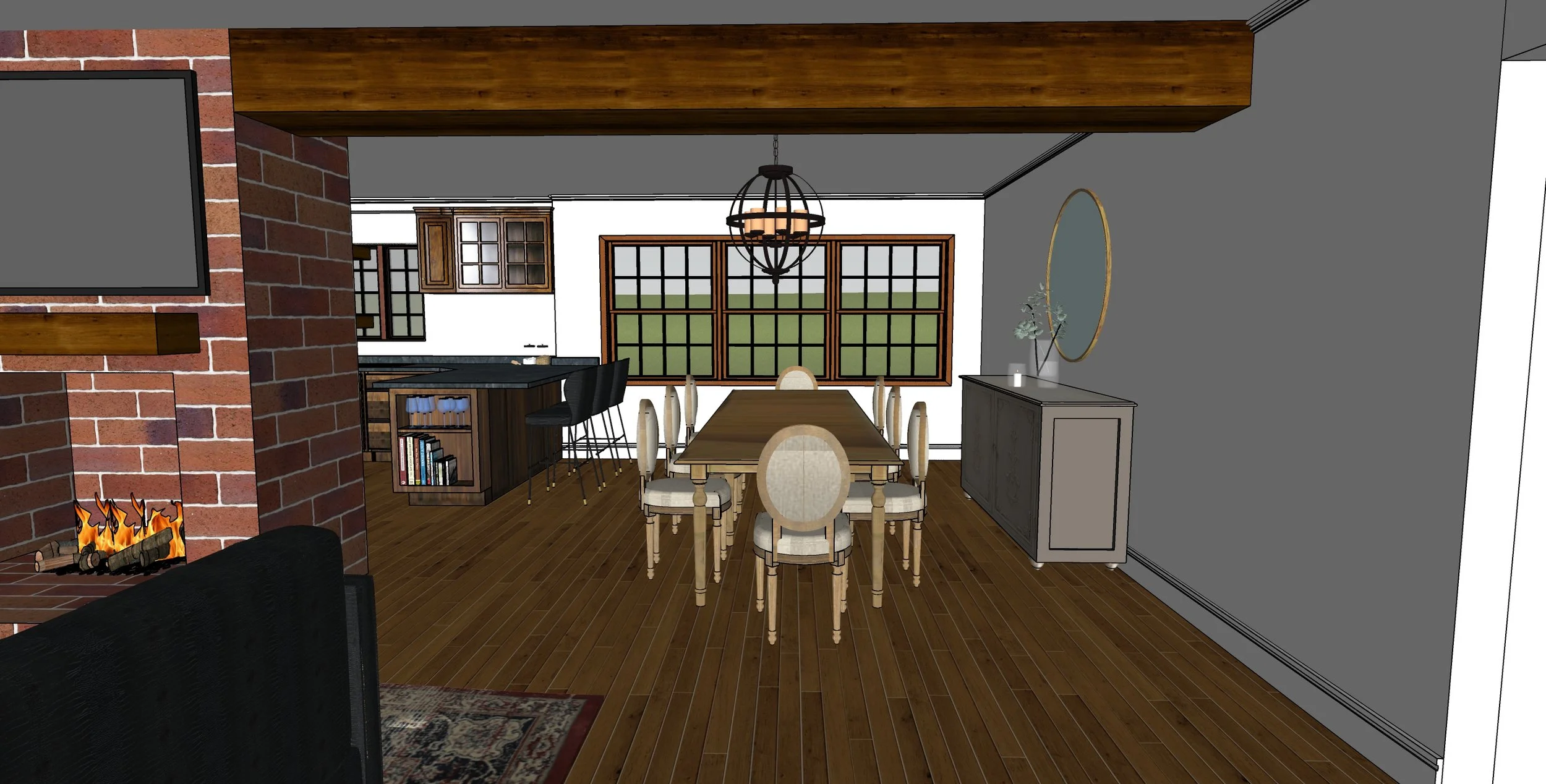 View of a dining room with a wooden table and eight upholstered chairs, large windows with wooden frames, gray and white walls, a gray sideboard with a mirror and decorative items, and a black chandelier hanging from the ceiling. Adjacent to the dini