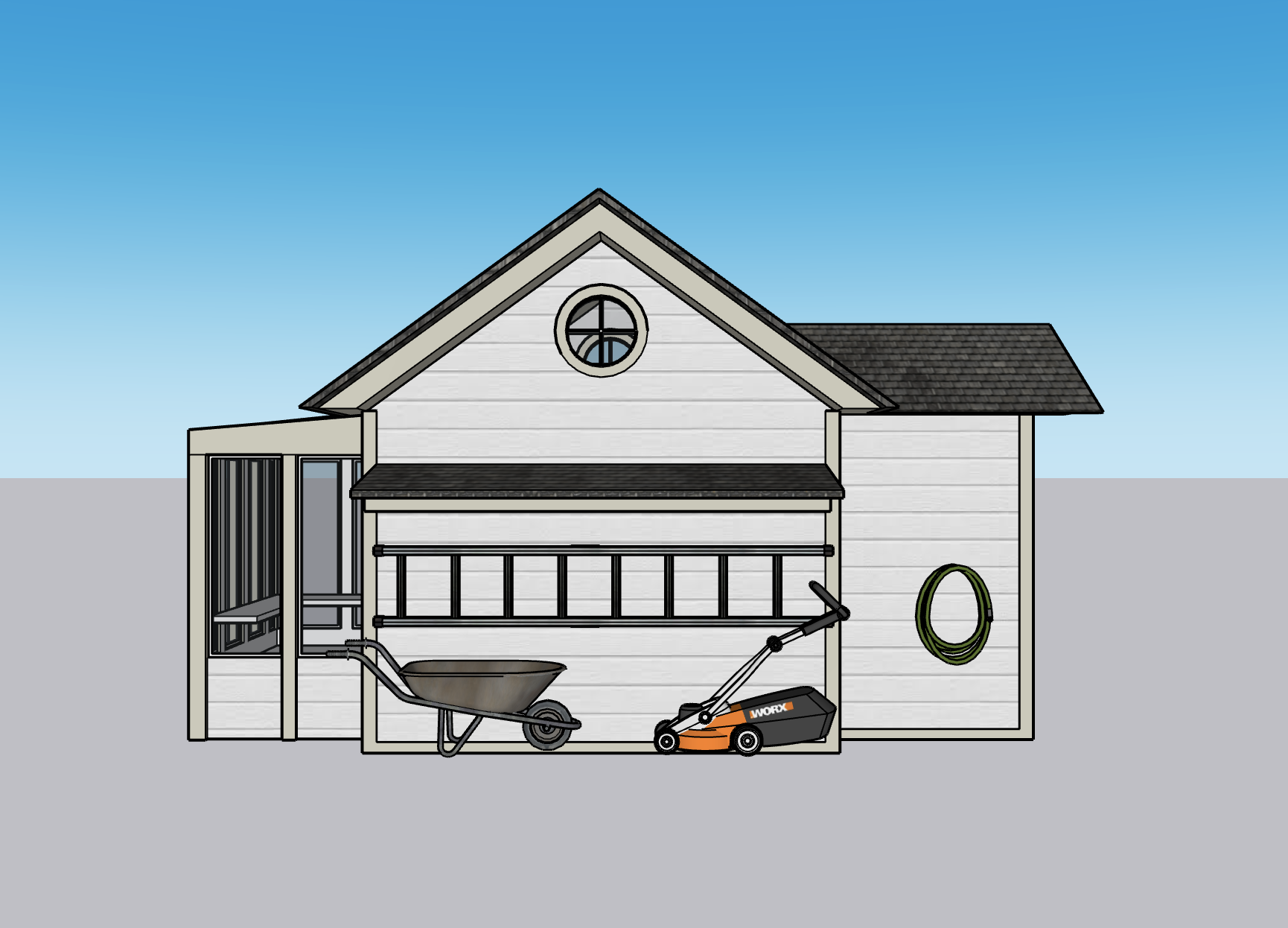 A house with white siding, a black roof, and a small round window near the peak of the gable. Outside, there is a wheelbarrow, a lawnmower, and a green garden hose hanging on the wall to the right.