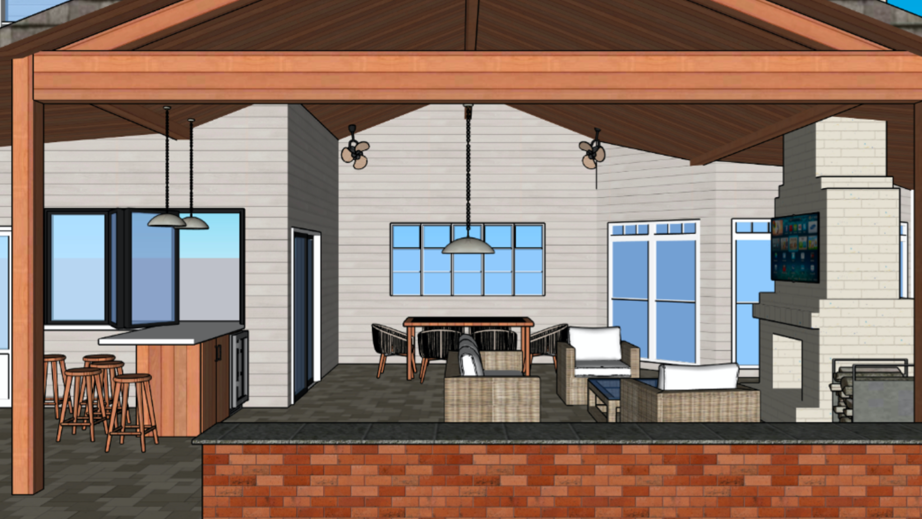 Interior of a modern living room with a brick platform, white walls, large windows, a fireplace with a TV mounted above it, a seating area with patterned and white cushions, a dining table with six chairs, an open kitchen with wood cabinets, bar stoo