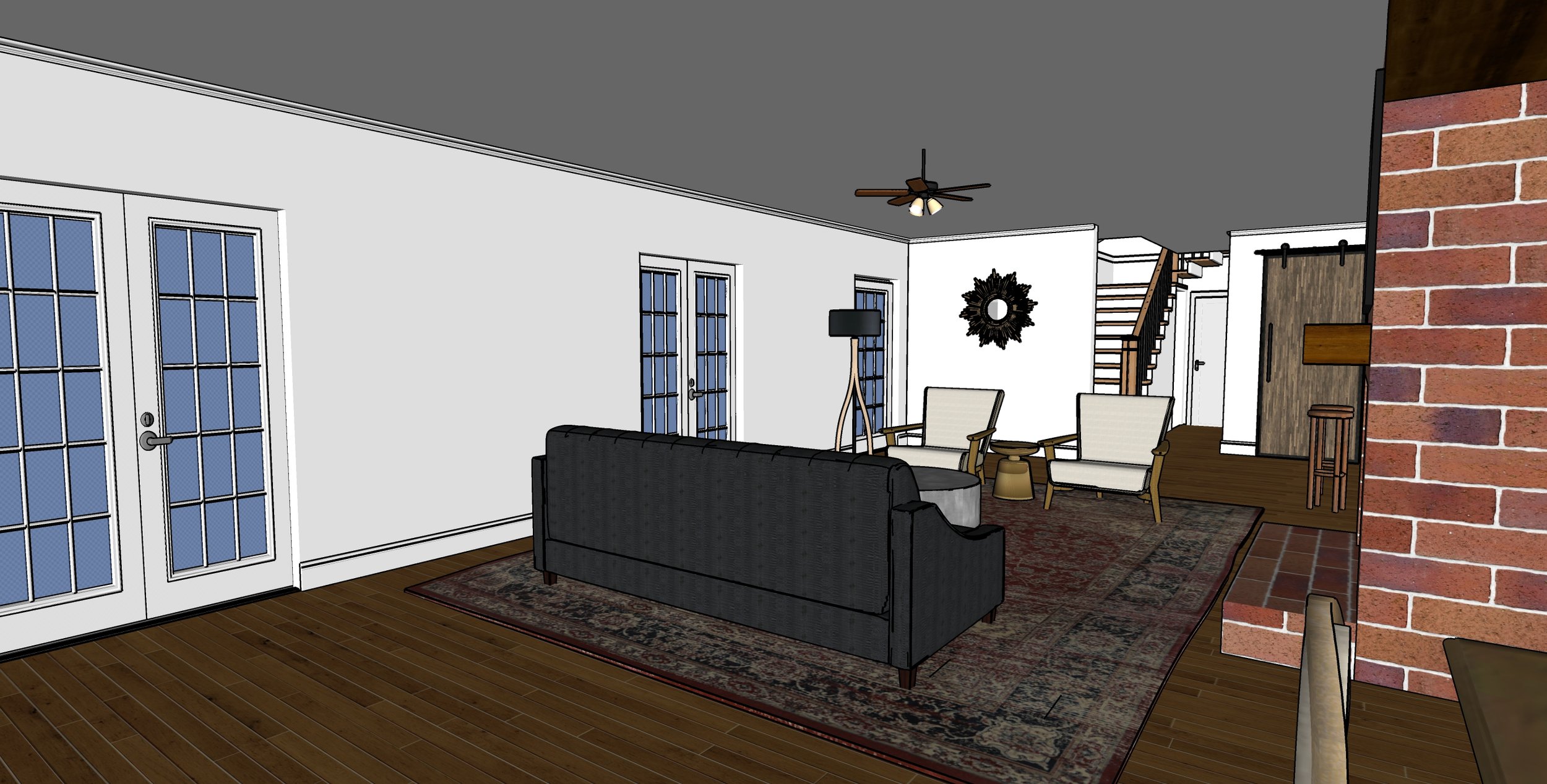 Living room with dark gray sofa, two beige armchairs, area rug, floor lamp, wall decoration, and staircase.