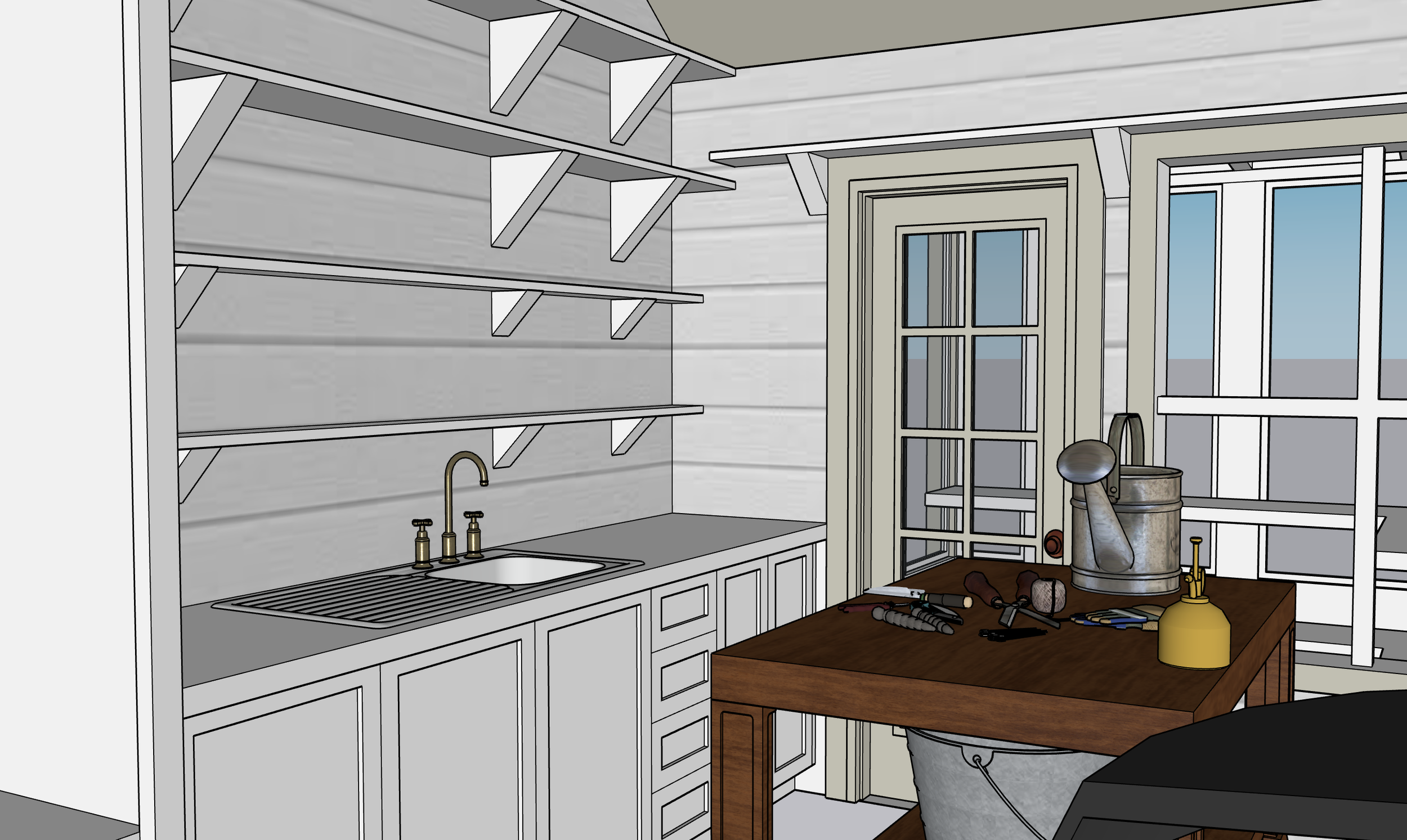 Digital illustration of a kitchen workspace with a sink, open shelves, a door, and a table with tools and a watering can, viewed from inside.