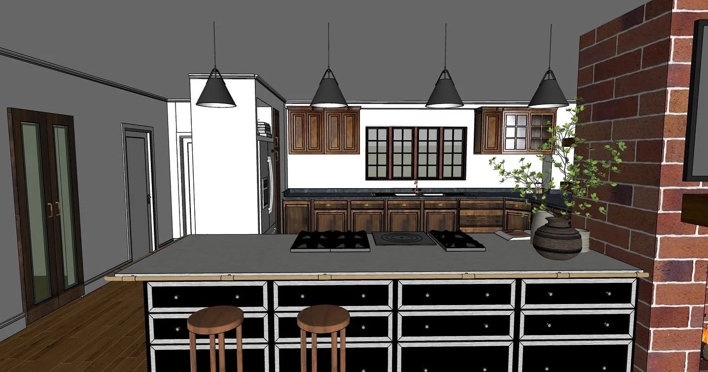 Digital rendering of a modern kitchen with a large island countertop, black stovetop, brown wooden cabinetry, and a brick wall on the right, with hanging pendant lights overhead.