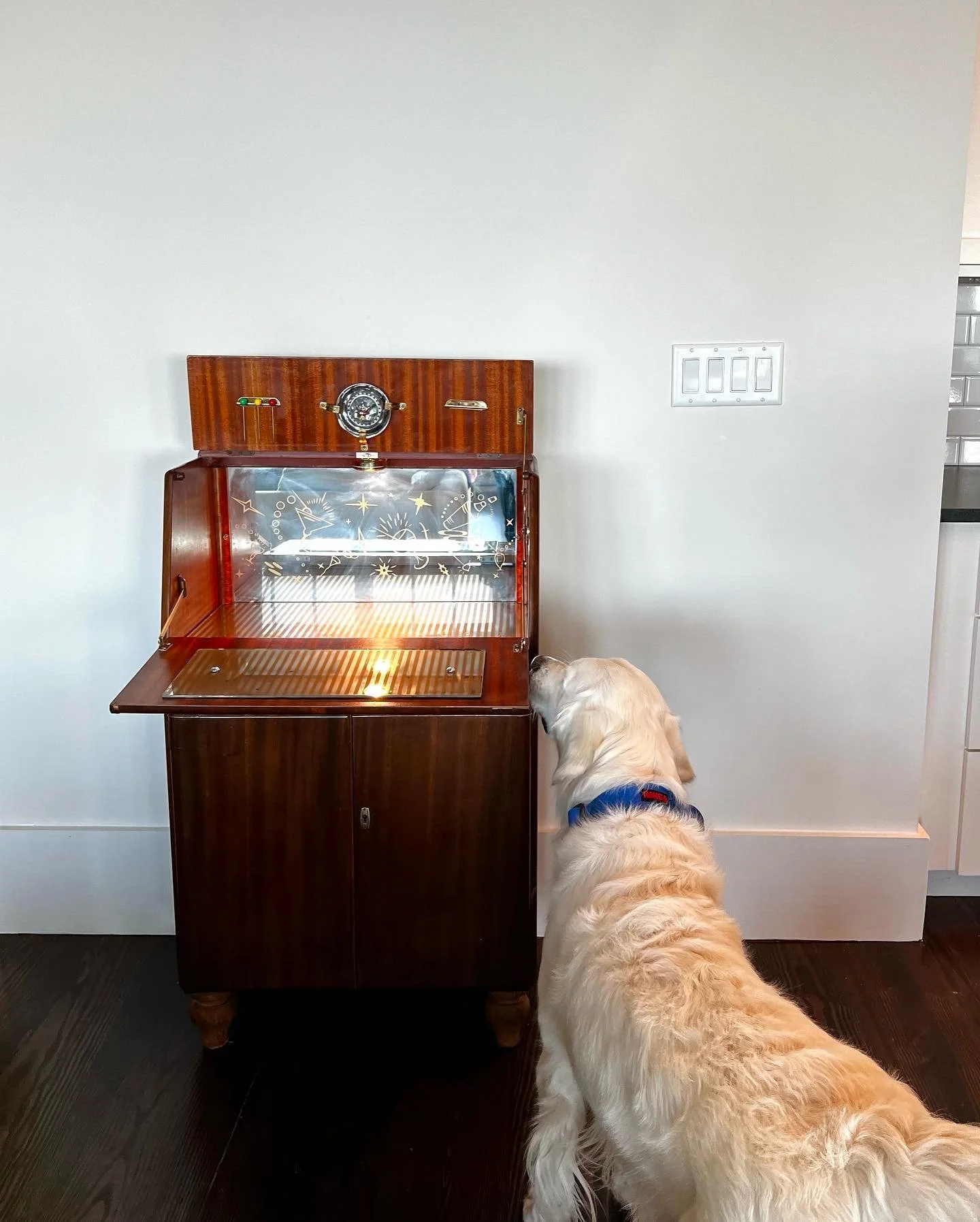 A golden retriever dog sniffing a vintage wooden arcade game or toy console in a room with white walls and dark hardwood flooring. Hilton Head Island Interior Design.
