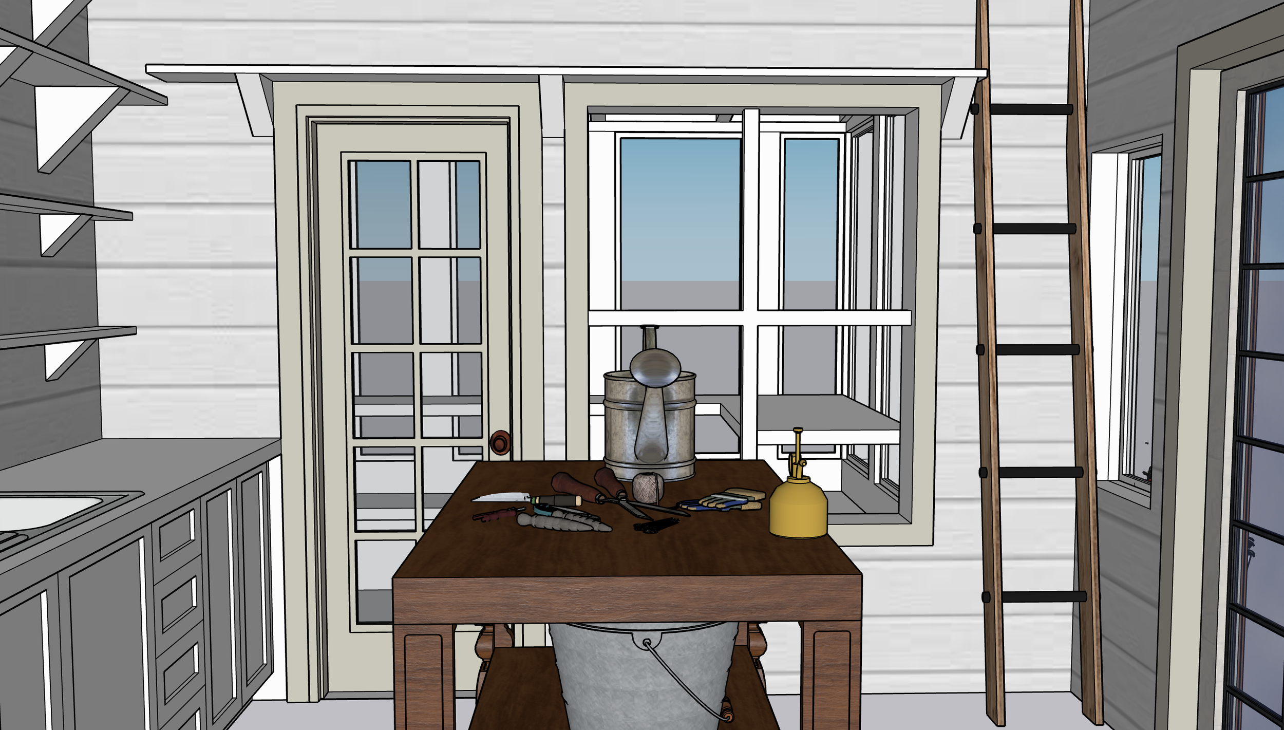 Interior of a workshop or kitchen, with a wooden table, tools, a water can, a ladder, and windows.