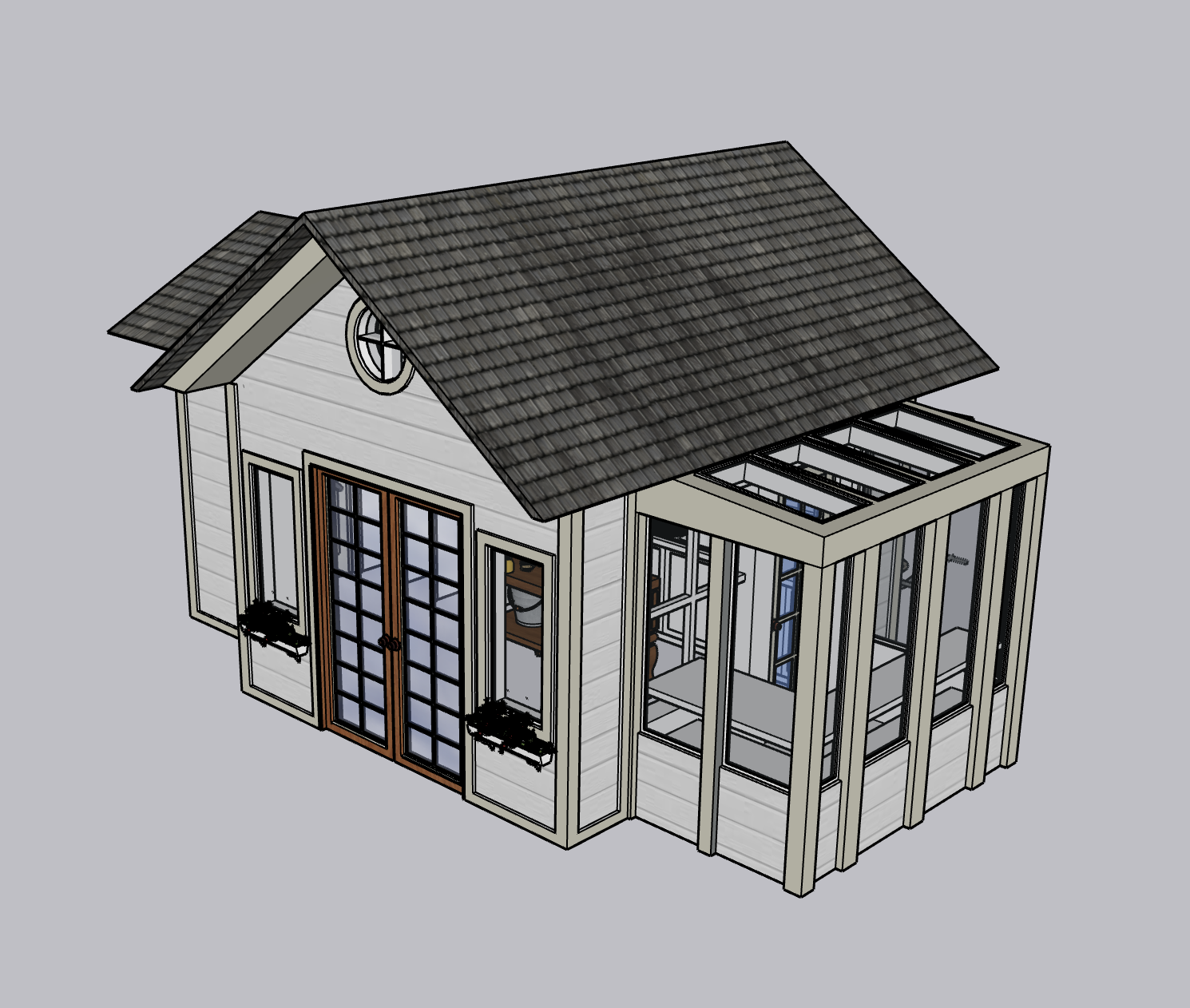 A 3D model of a small house with a gabled roof, French doors, and a sunroom addition with large windows.
