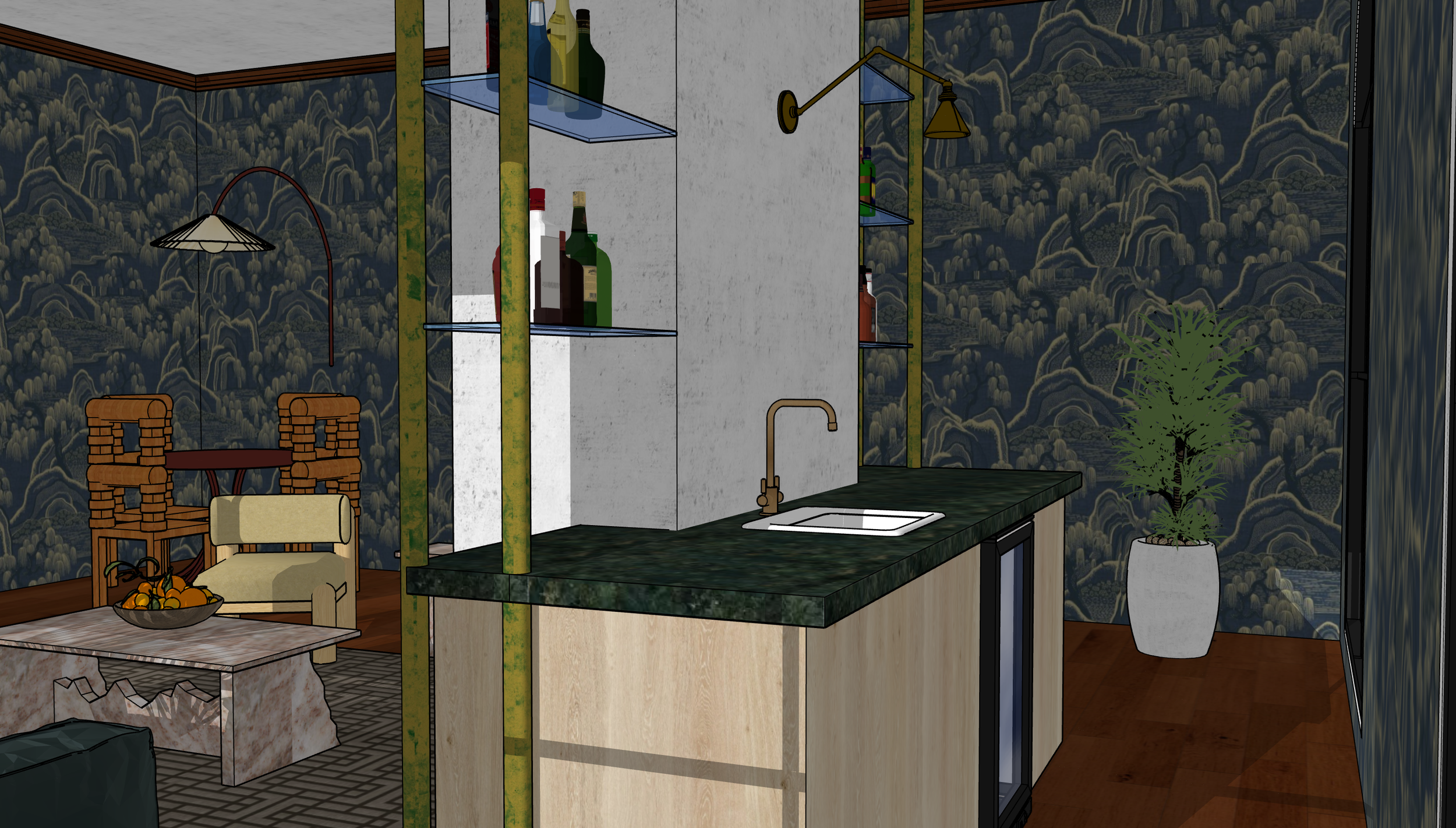 A kitchen and dining area with dark patterned wallpaper, a small extension with a black countertop and a sink, shelves with bottles, a chair, a table with a fruit bowl, and a large potted plant.