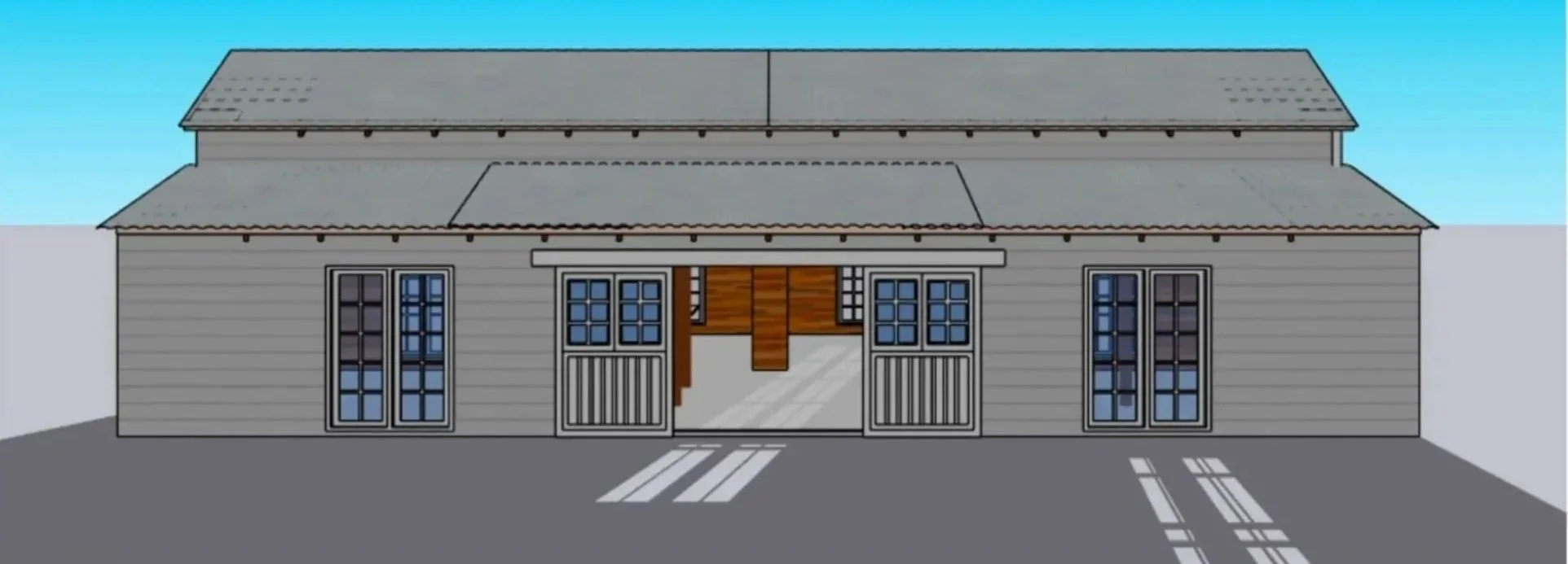 A digital rendering of a modern barn with gray siding, multiple windows, and a parking lot with painted parking space lines in the foreground. The barn has a gabled roof and large doors.