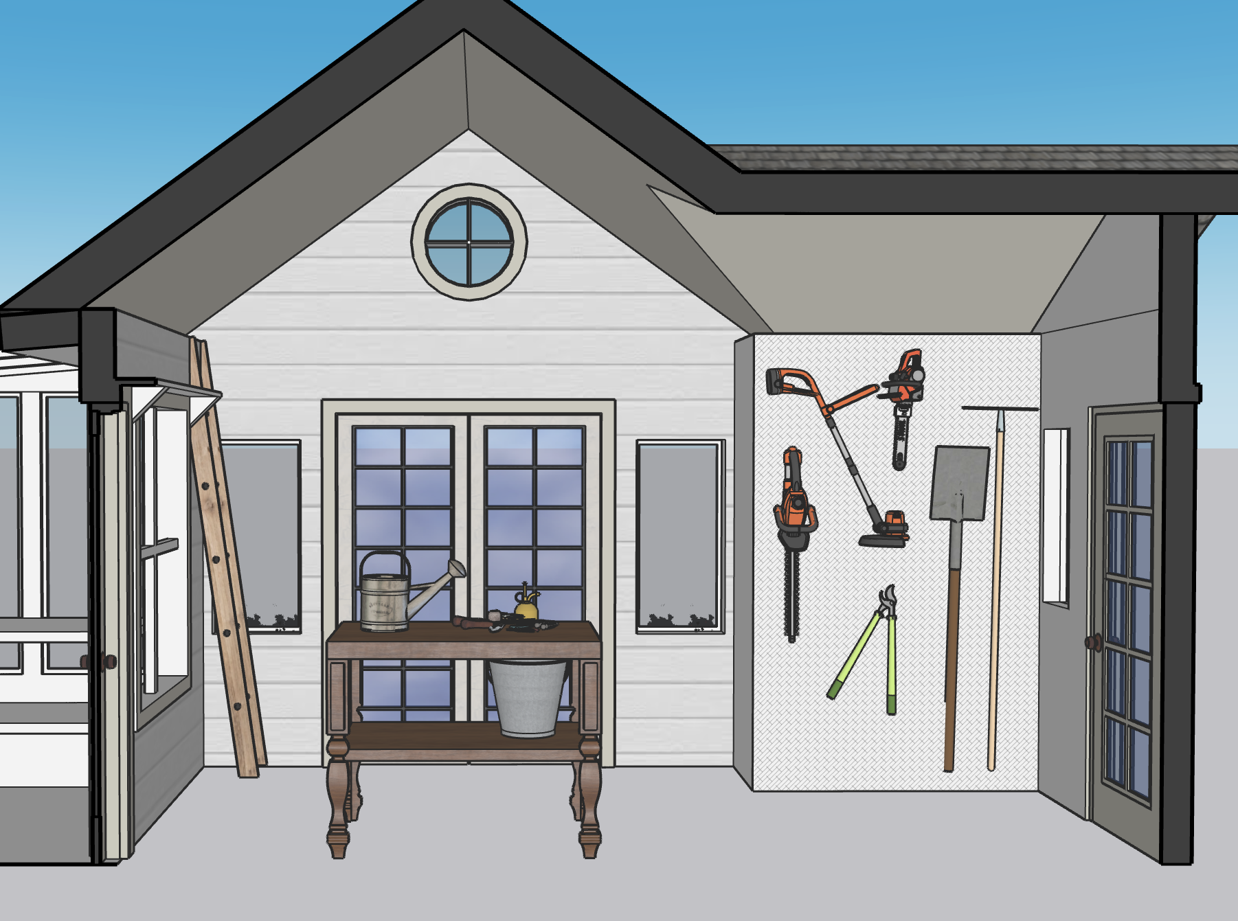 A garage interior with gardening and outdoor equipment hung on the wall, a leaning ladder, a window with a watering can and a small yellow item on a wooden table, and a glass-paneled door.