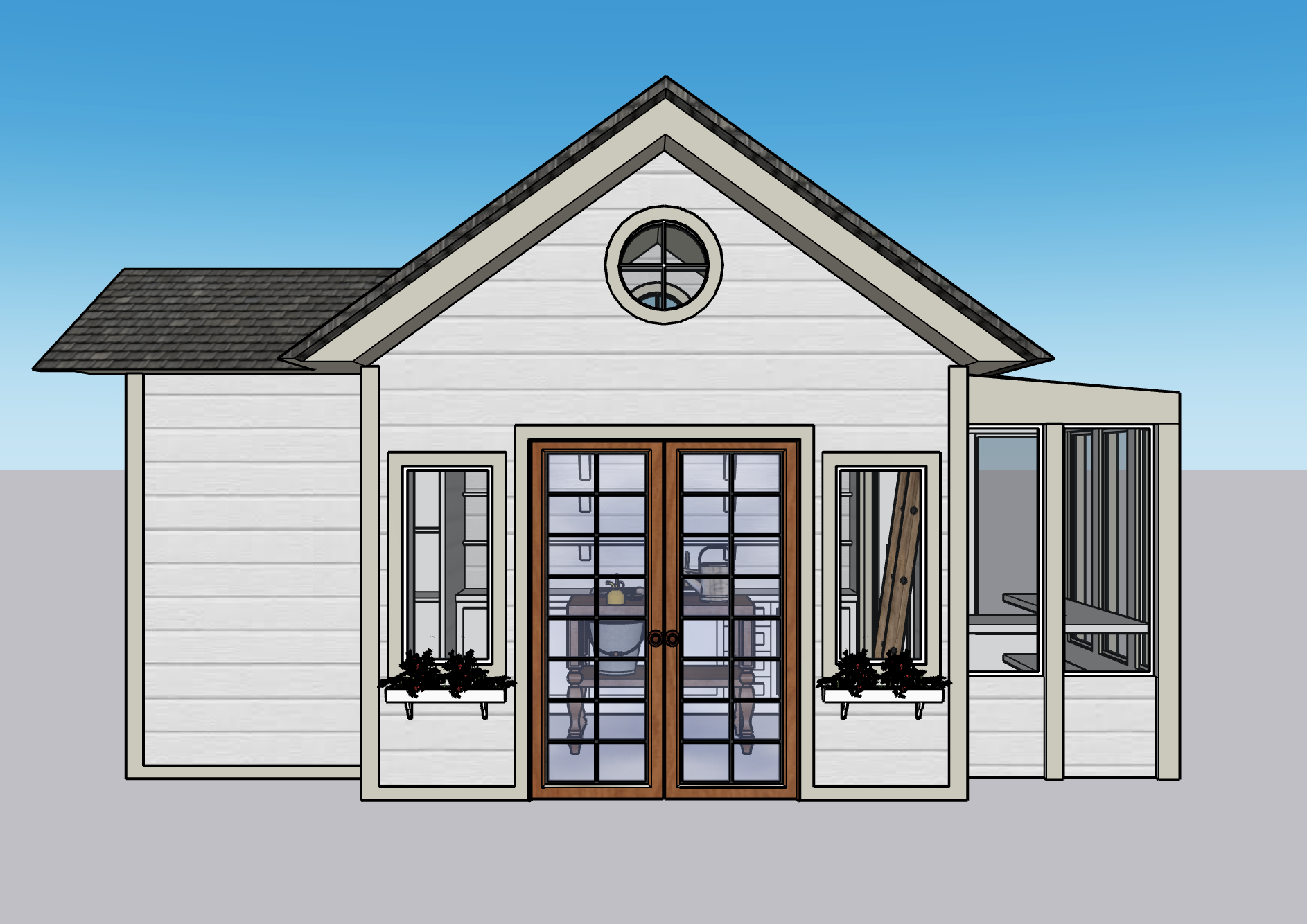 Illustration of a house with a gabled roof, double front doors, symmetrical windows, and a small circular window near the roof peak, set against a blue sky.