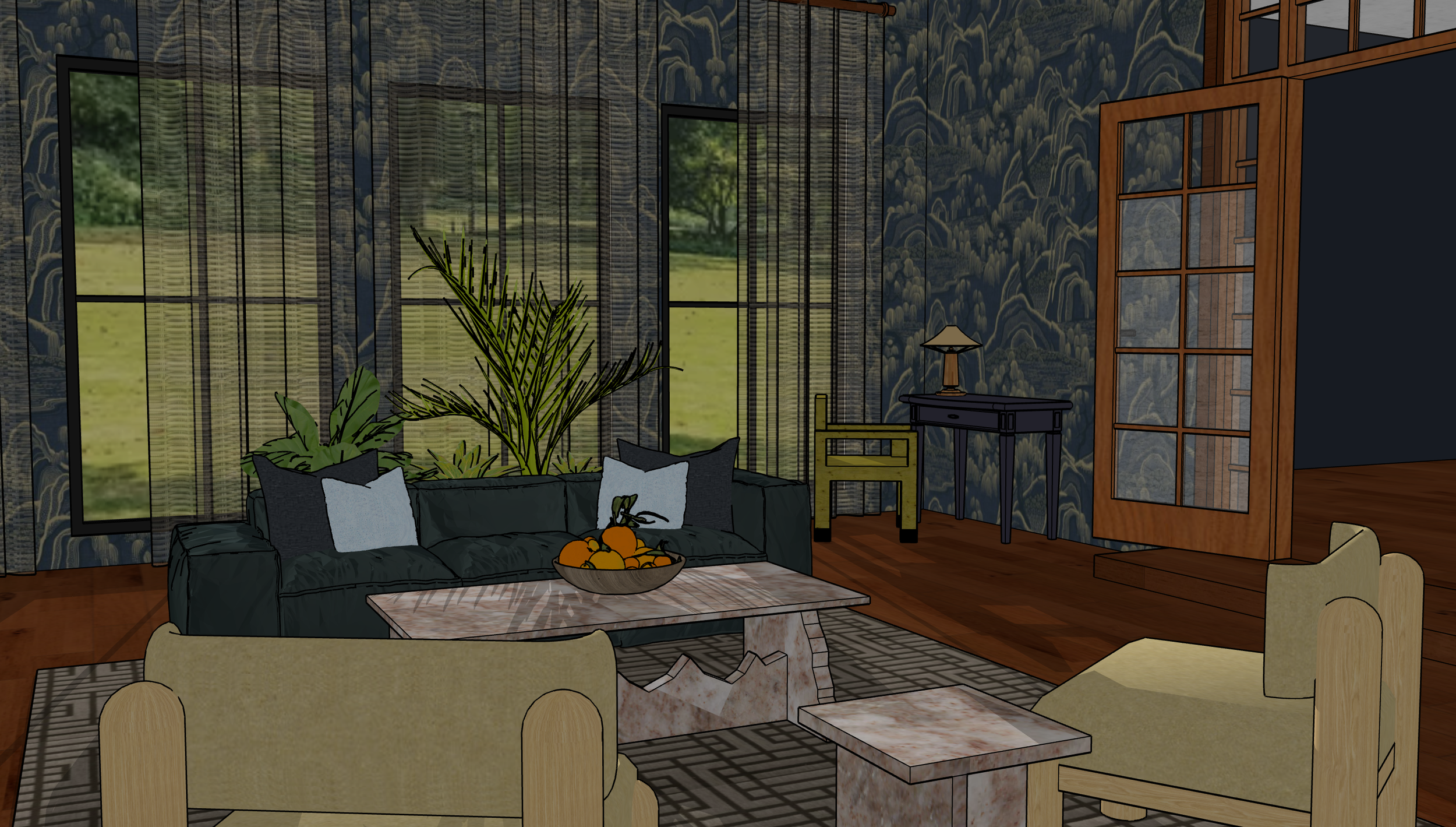 Living room with large windows, dark green sofa with cushions, a coffee table with a bowl of oranges, yellow armchair, black side table with a lamp, a yellow chair, patterned wallpaper, hardwood floors, and outdoor scenery visible through the windows