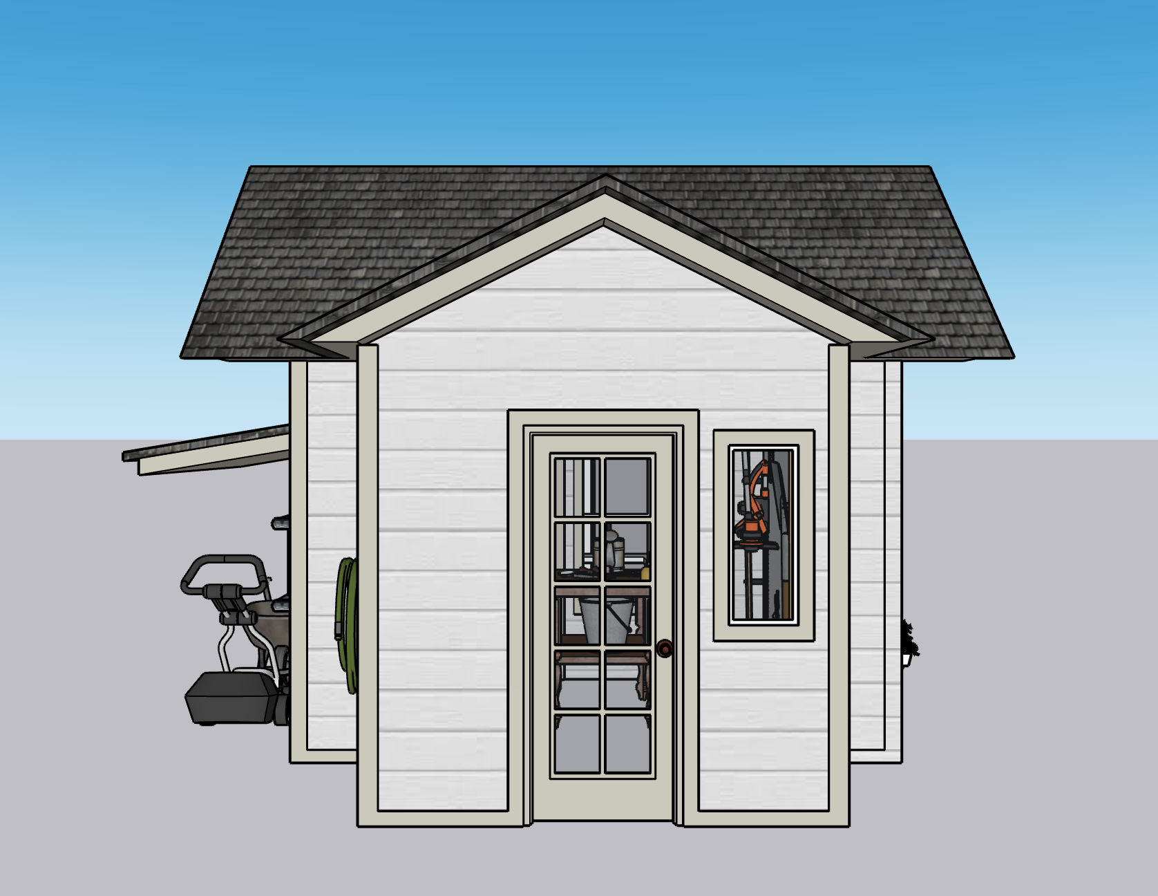 A small white shed with a gable roof, a door with glass panes, and a window. Gardening tools and equipment are stored outside.