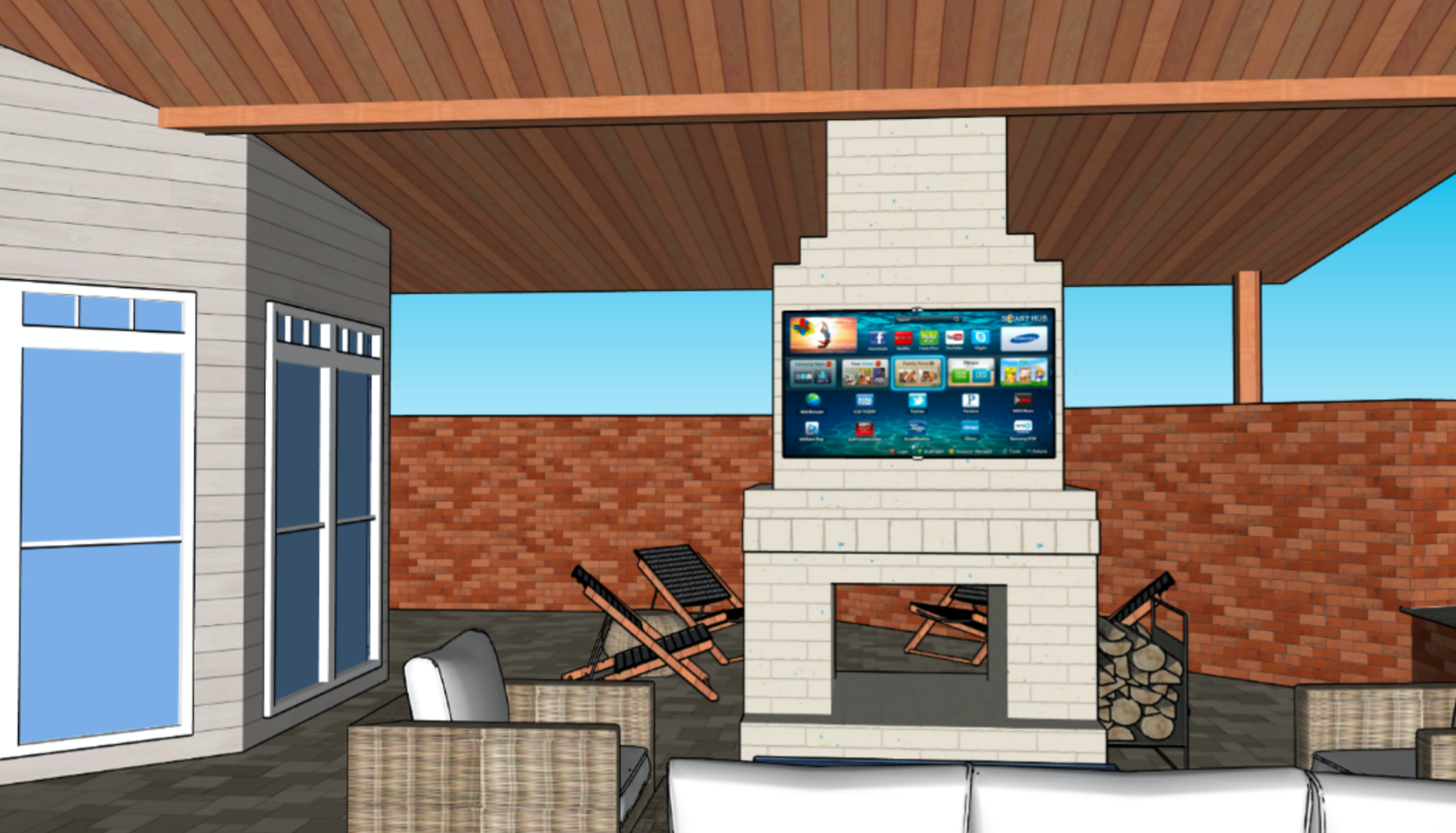 A covered outdoor patio featuring a brick fireplace with a TV mounted above it, patio furniture, and multiple lounge chairs with a wood firewood holder, enclosed by brick and wooden walls with a skylight ceiling.