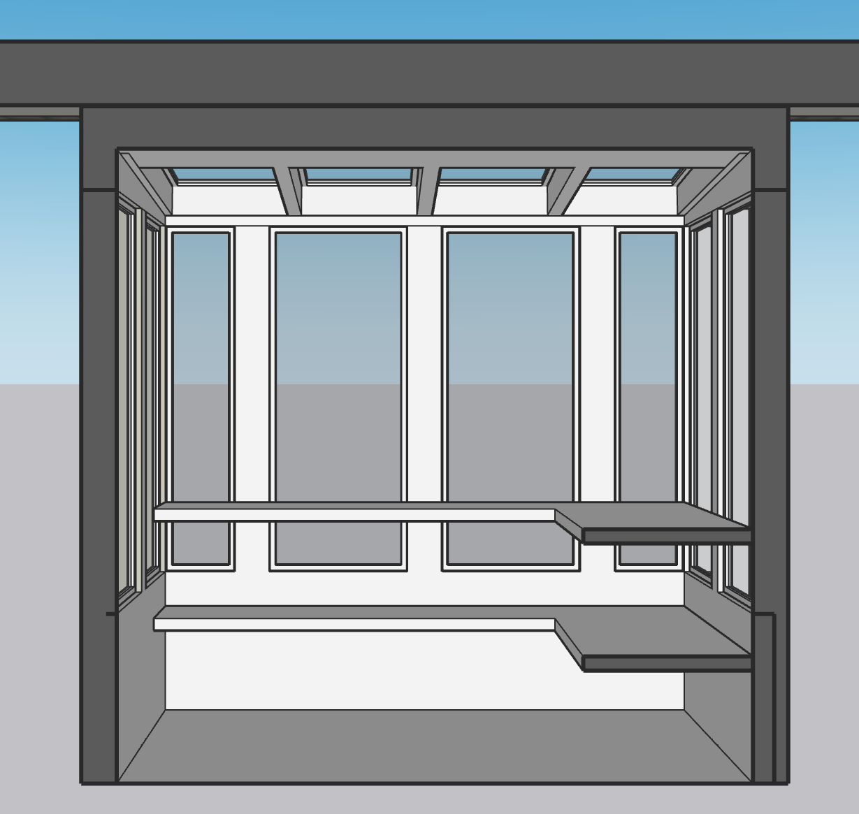 Digital illustration of a modern, glass-enclosed bus stop shelter with multiple windows, built-in benches, and a skylight roof, set against a clear sky background.