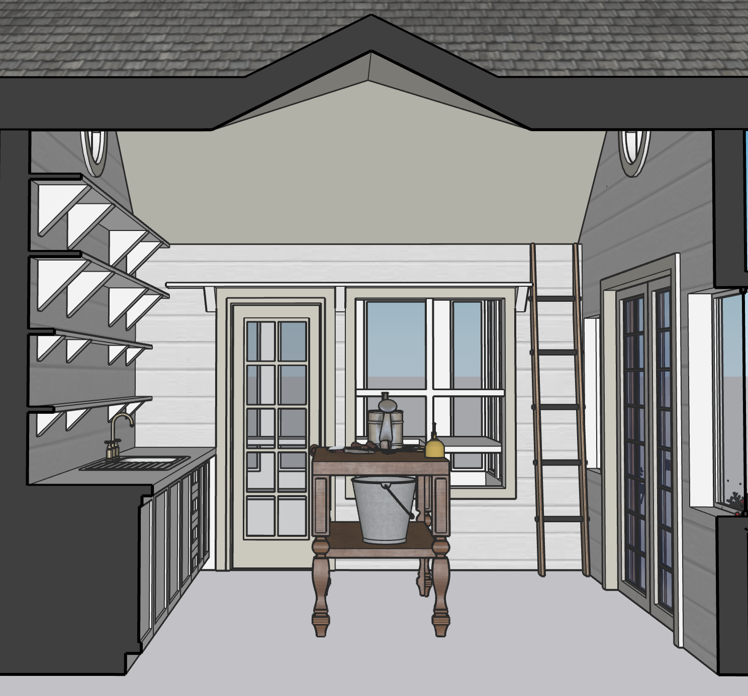 Illustration of a cozy kitchen with shelves, a sink, a door, a window, a ladder, and a table with objects on it.