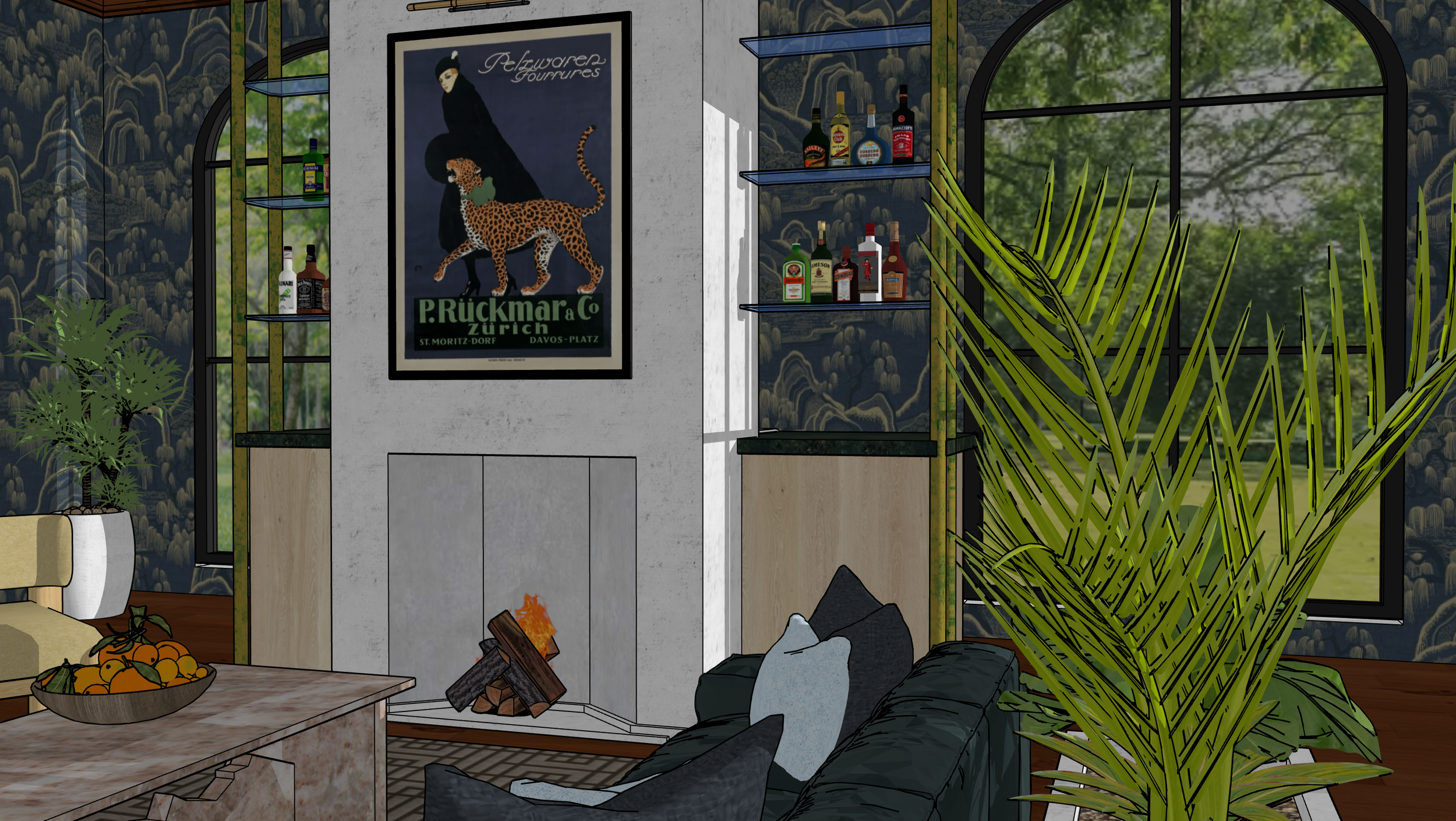 Interior of a living room with a window view of trees, decorated with a vintage poster, houseplants, a fireplace with firewood, and a black sofa with pillows.