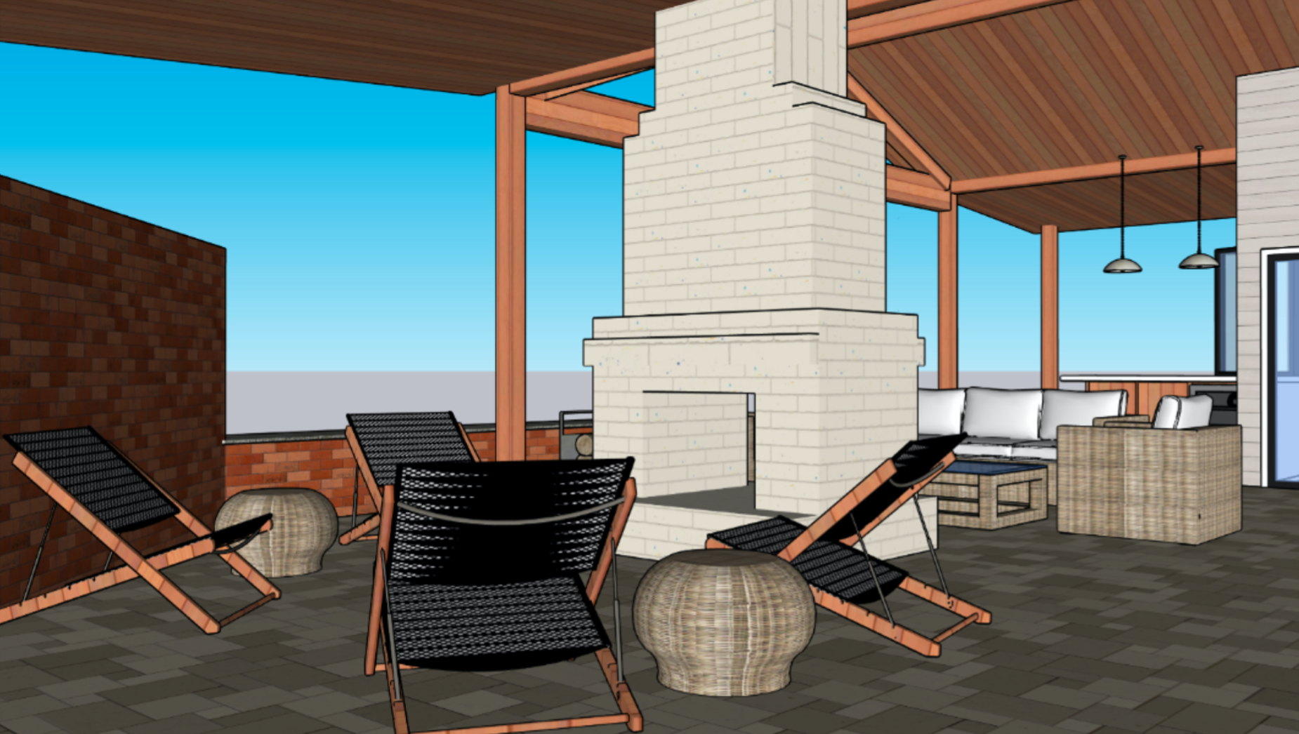 An outdoor rooftop space with patio furniture, a central chimney, brick and wood accents, and a clear blue sky
