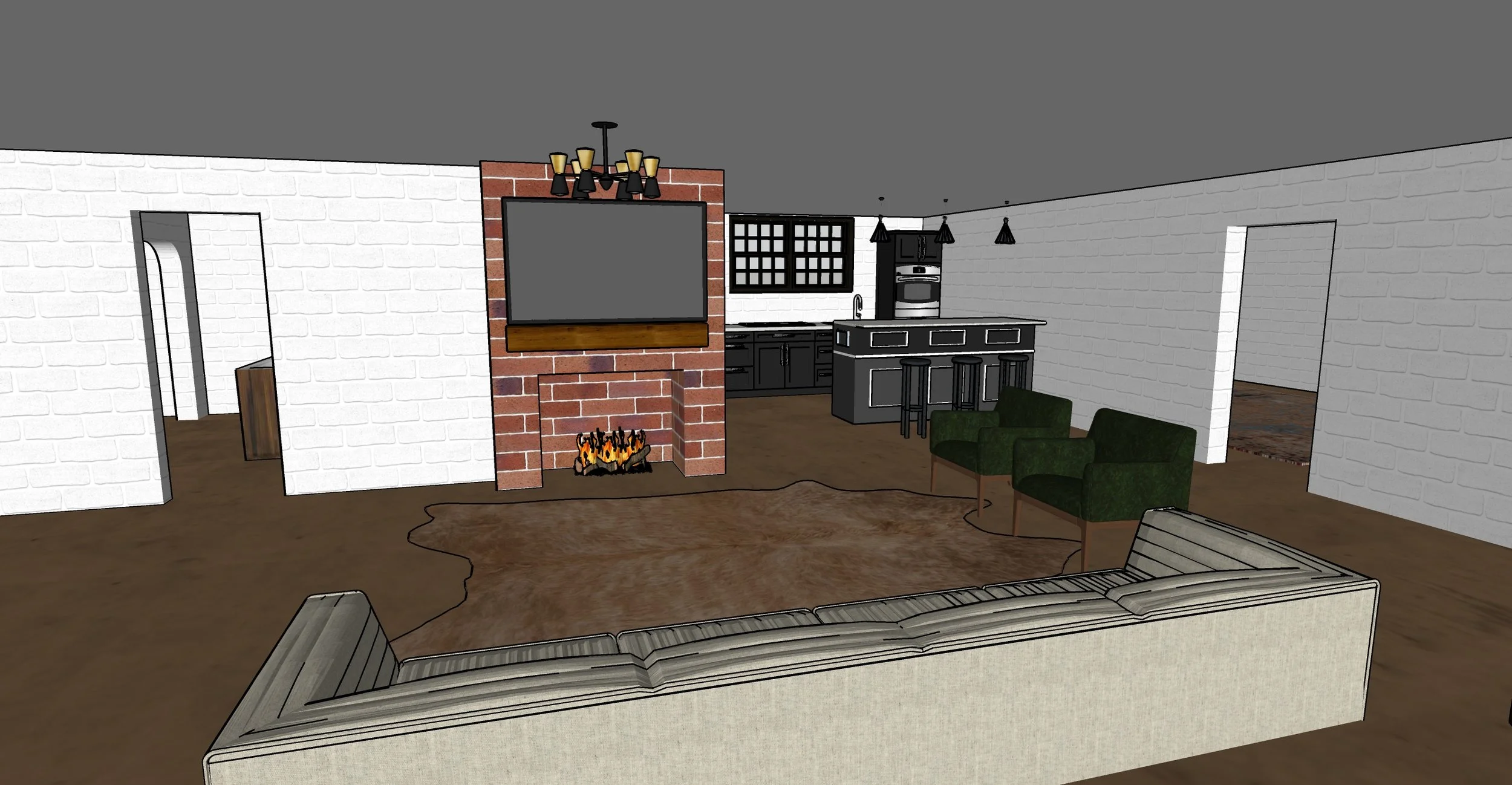 Living room with white brick walls, a brick fireplace with a TV mounted above, and a cowhide rug on hardwood floor. There are green armchairs, a beige sofa, and a kitchen with black cabinets and a central island in the background.